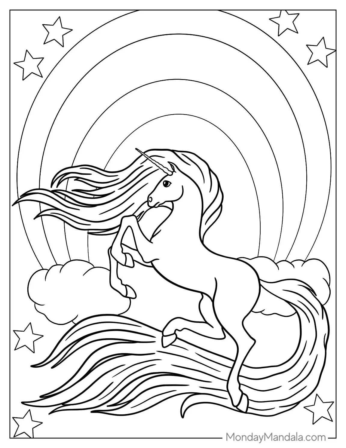 Mythical Unicorn Coloring Page With Sweeping Tail coloring page — printable line art