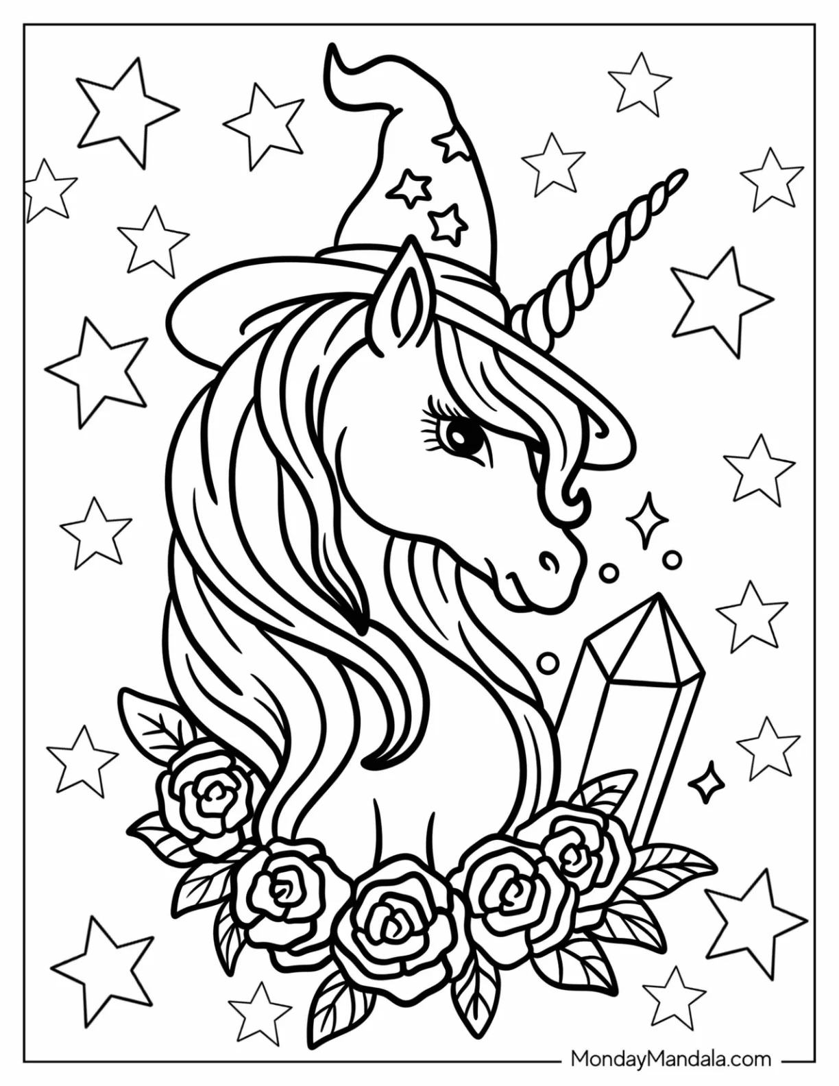 Pretty Unicorn Coloring Page Portrait With Roses, Crystals, And Stars coloring page
