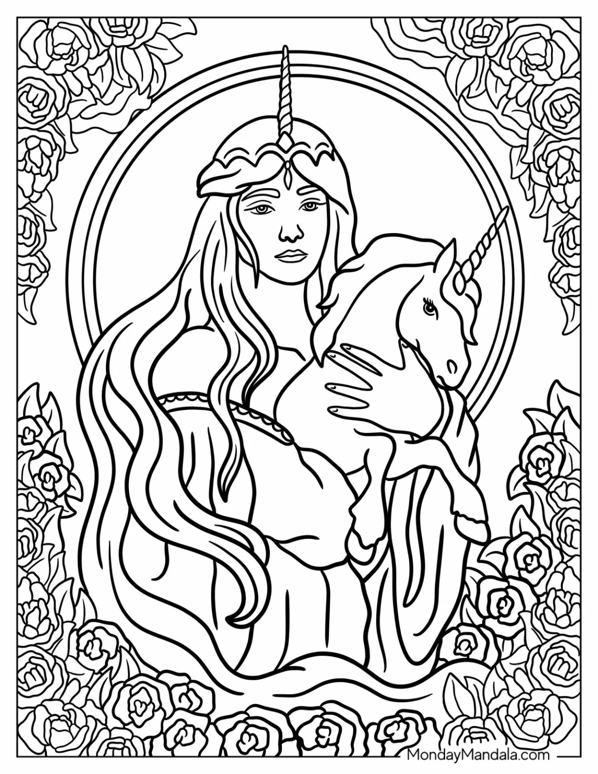 Princess Holding A Baby Unicorn Coloring Page With Roses Around Her coloring page — printable line art
