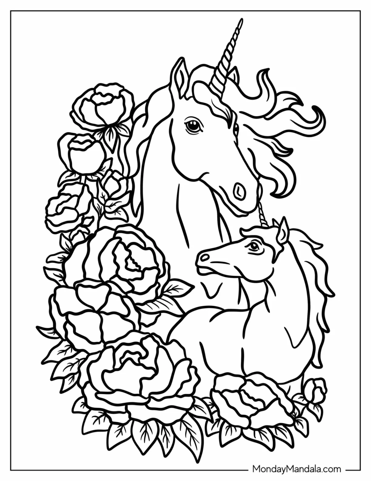 Realistic Unicorn Coloring Page With Roses coloring page
