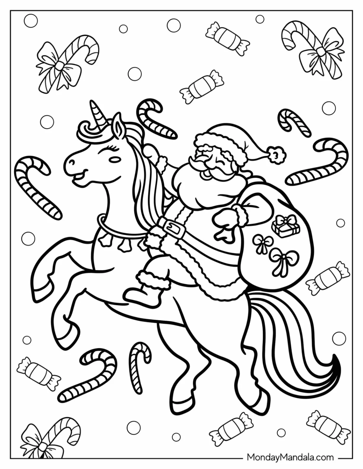 Santa Carrying A Sack Of Gifts While Riding A Unicorn Coloring Page coloring page