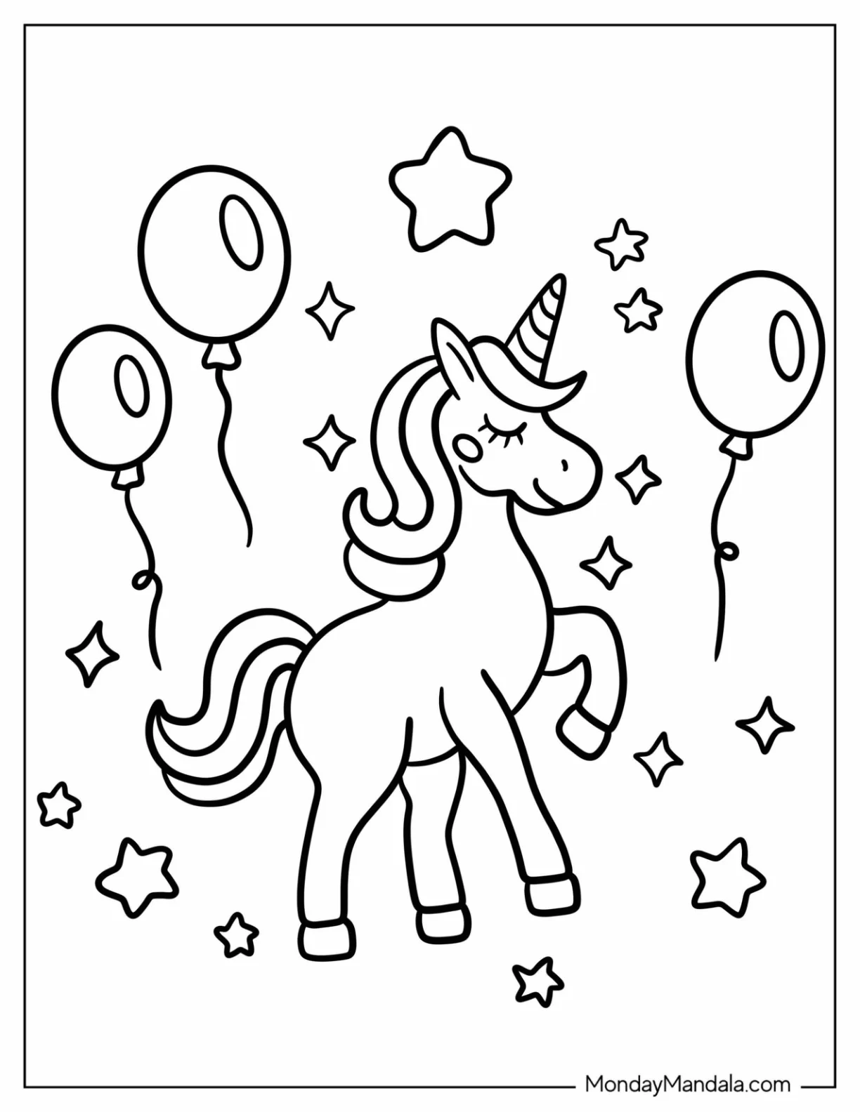 Sassy Unicorn Coloring Page Trotting With Stars And Balloons In The Background coloring page — printable line art