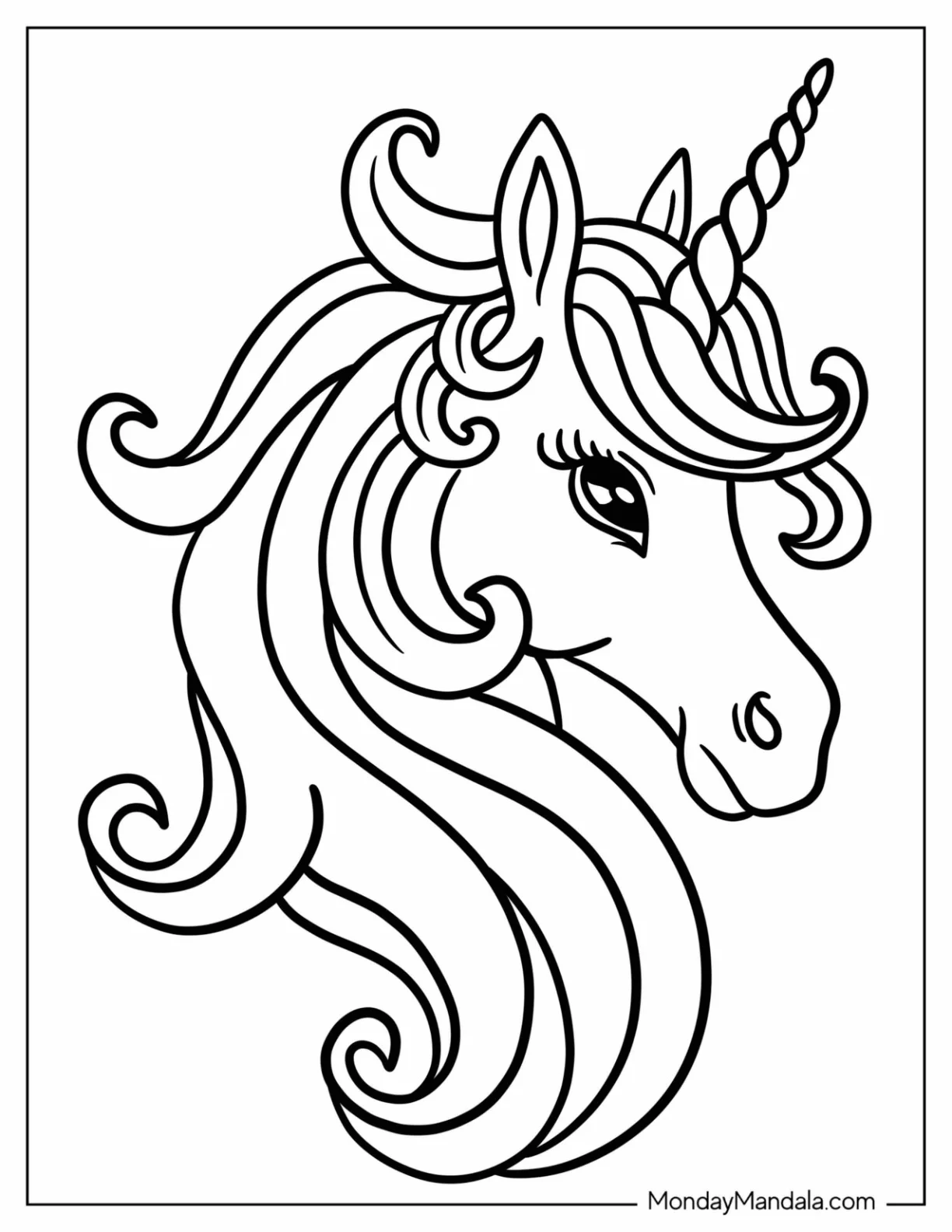 Simple Unicorn Coloring Page With Elegant Curly Mane coloring page