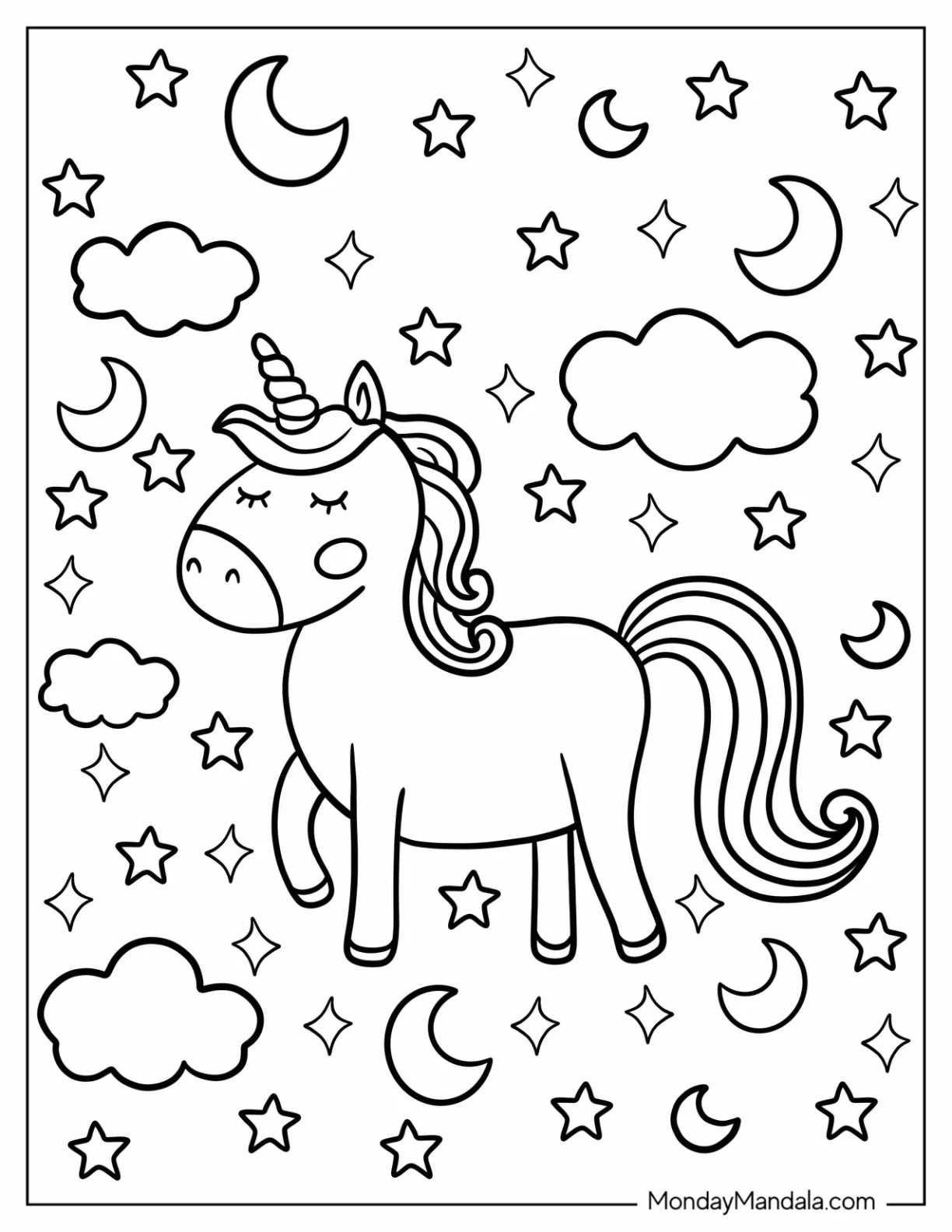 Trotting Unicorn Coloring Page In The Starry Sky With Crescent Moons coloring page — printable line art
