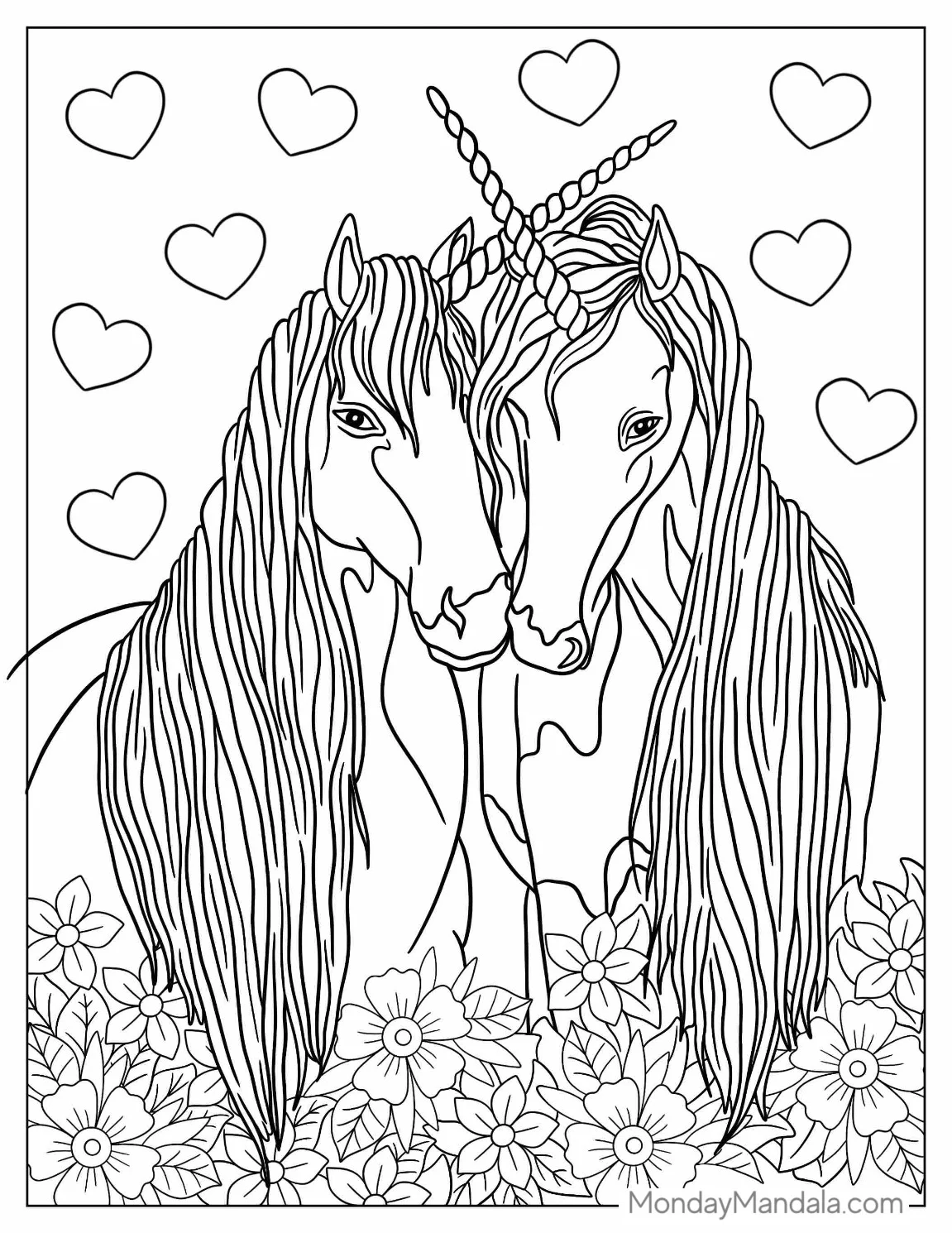 Two Detailed Unicorn Coloring Page Embracing coloring page