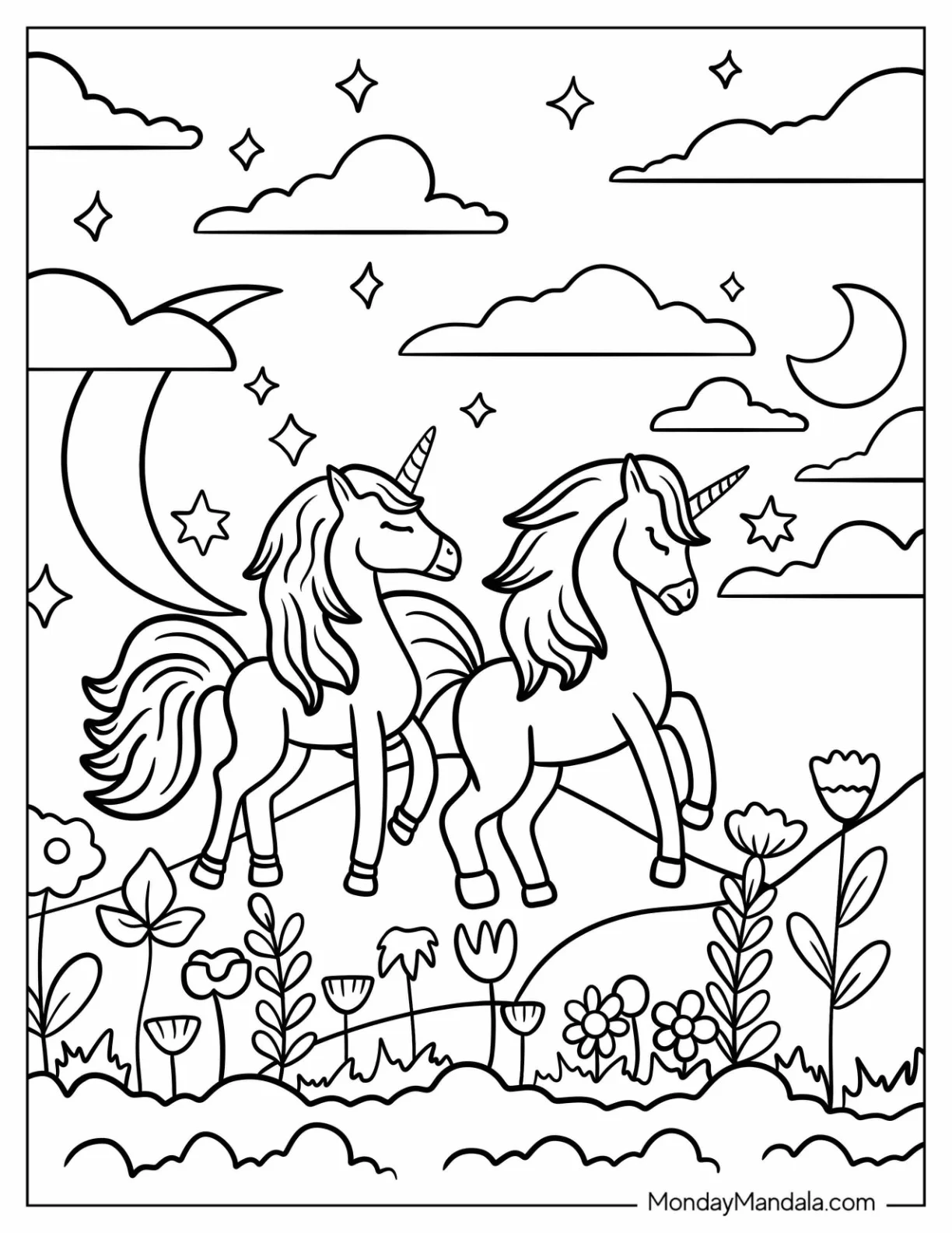 Two Unicorn Coloring Page Trotting Through The Hills At Night coloring page — printable line art