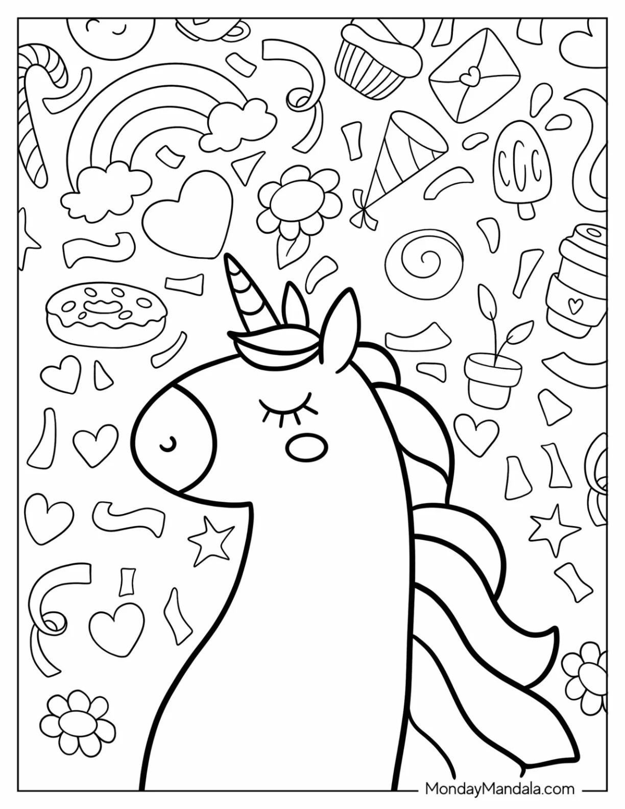 Unicorn Coloring Page Dreaming Of Sweets coloring page — printable line art