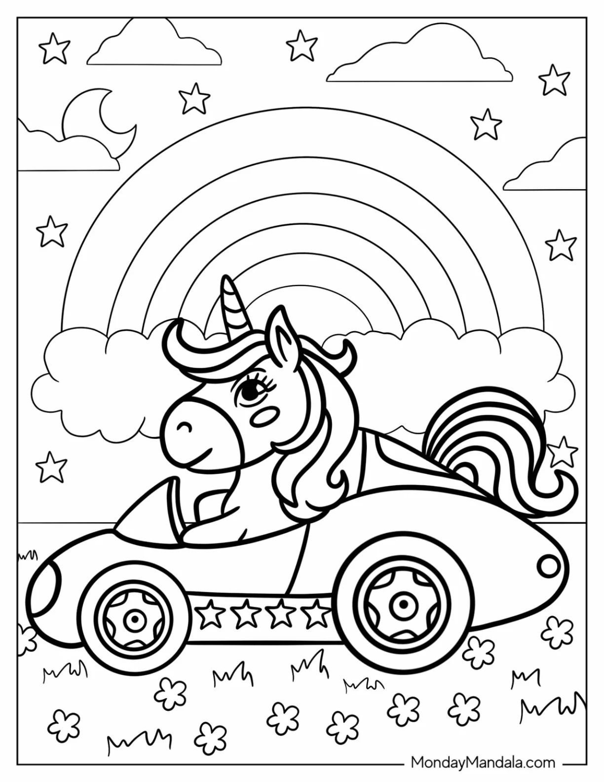 Unicorn Coloring Page Driving A Sports Car With Rainbows And Stars coloring page