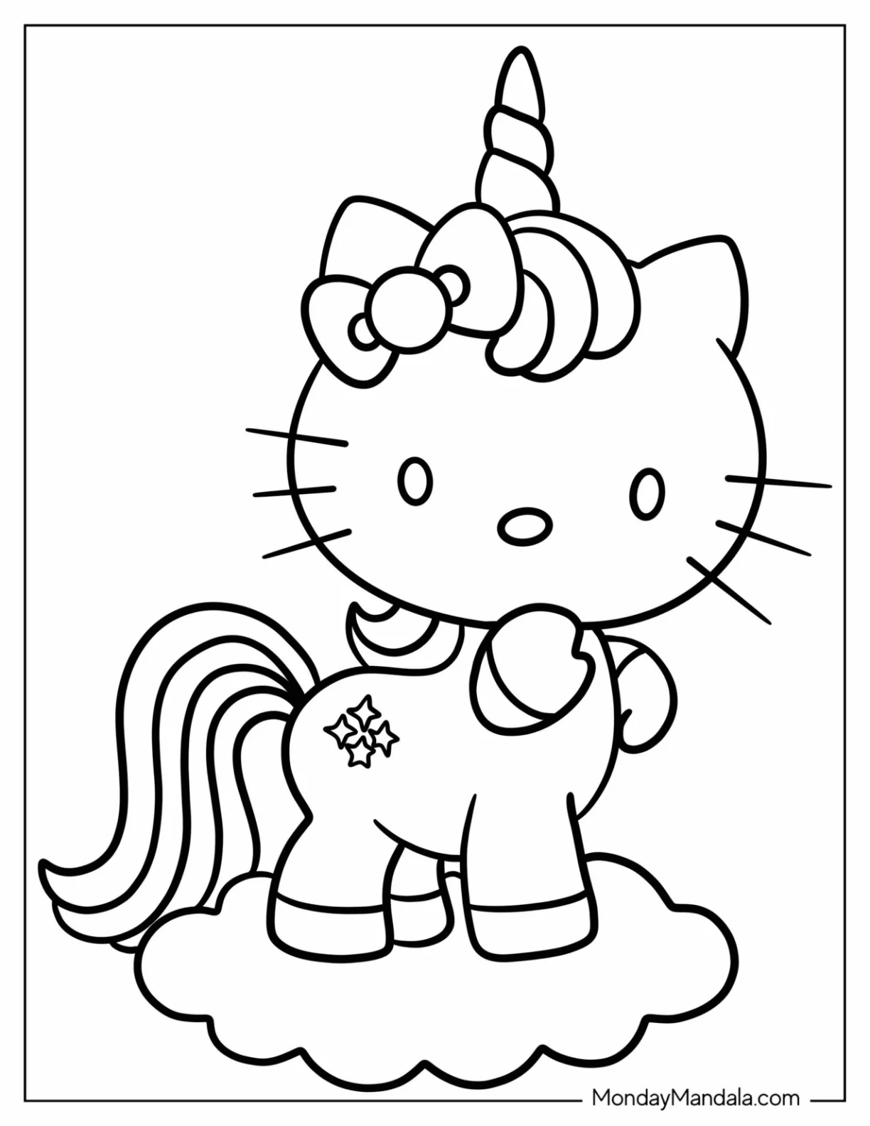 Unicorn Coloring Page Hello Kitty Standing On A Cloud For Kids coloring page