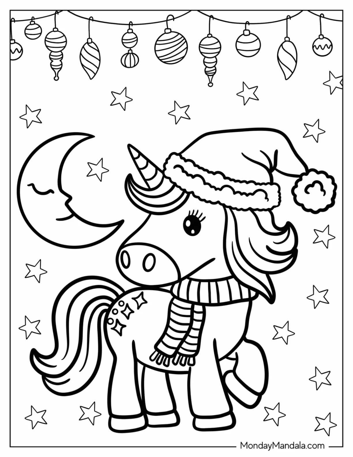 Unicorn Coloring Page In Santa Hat And Striped Scarf With Crescent Moon In The Back coloring page