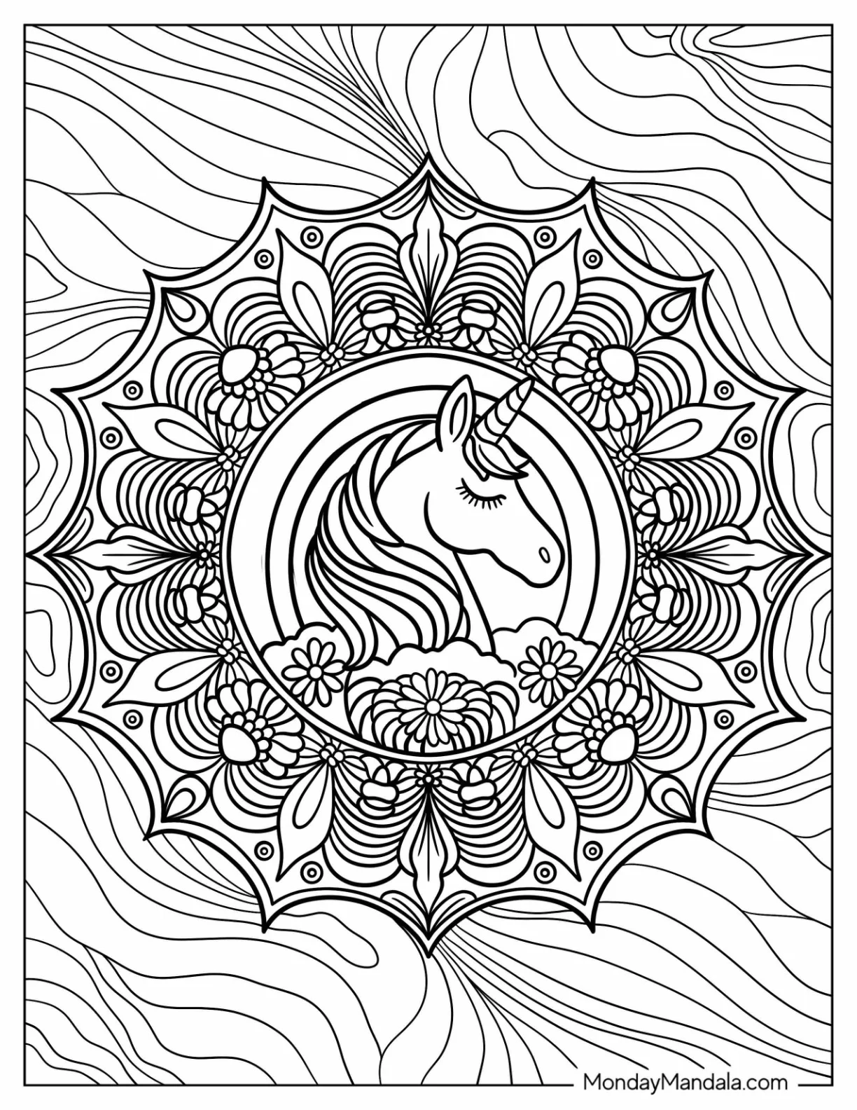 Unicorn Coloring Page Mandala With Trippy Background coloring page — printable line art