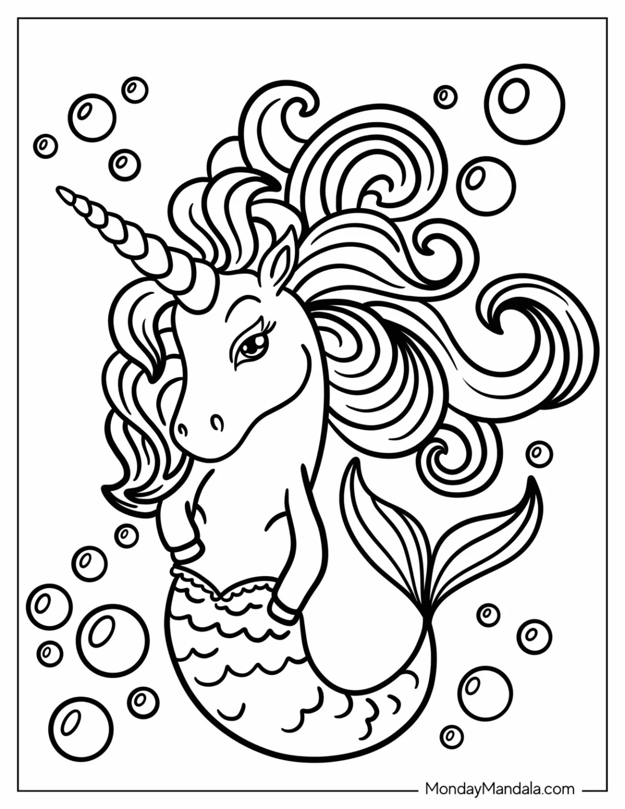 Unicorn Coloring Page Mermaid With Flowing Mane Underwater coloring page — printable line art