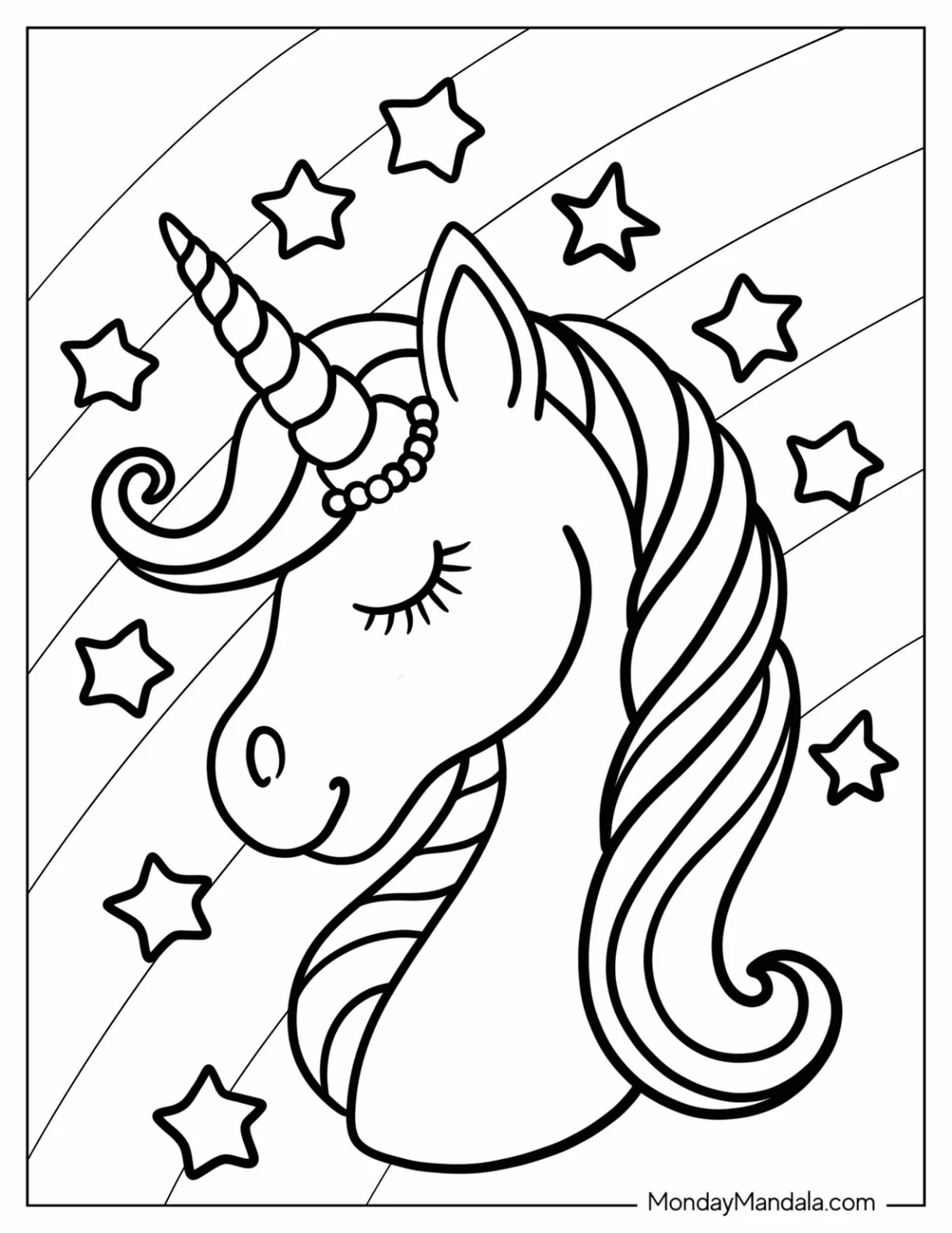 Unicorn Coloring Page Portrait Wearing Pearls coloring page