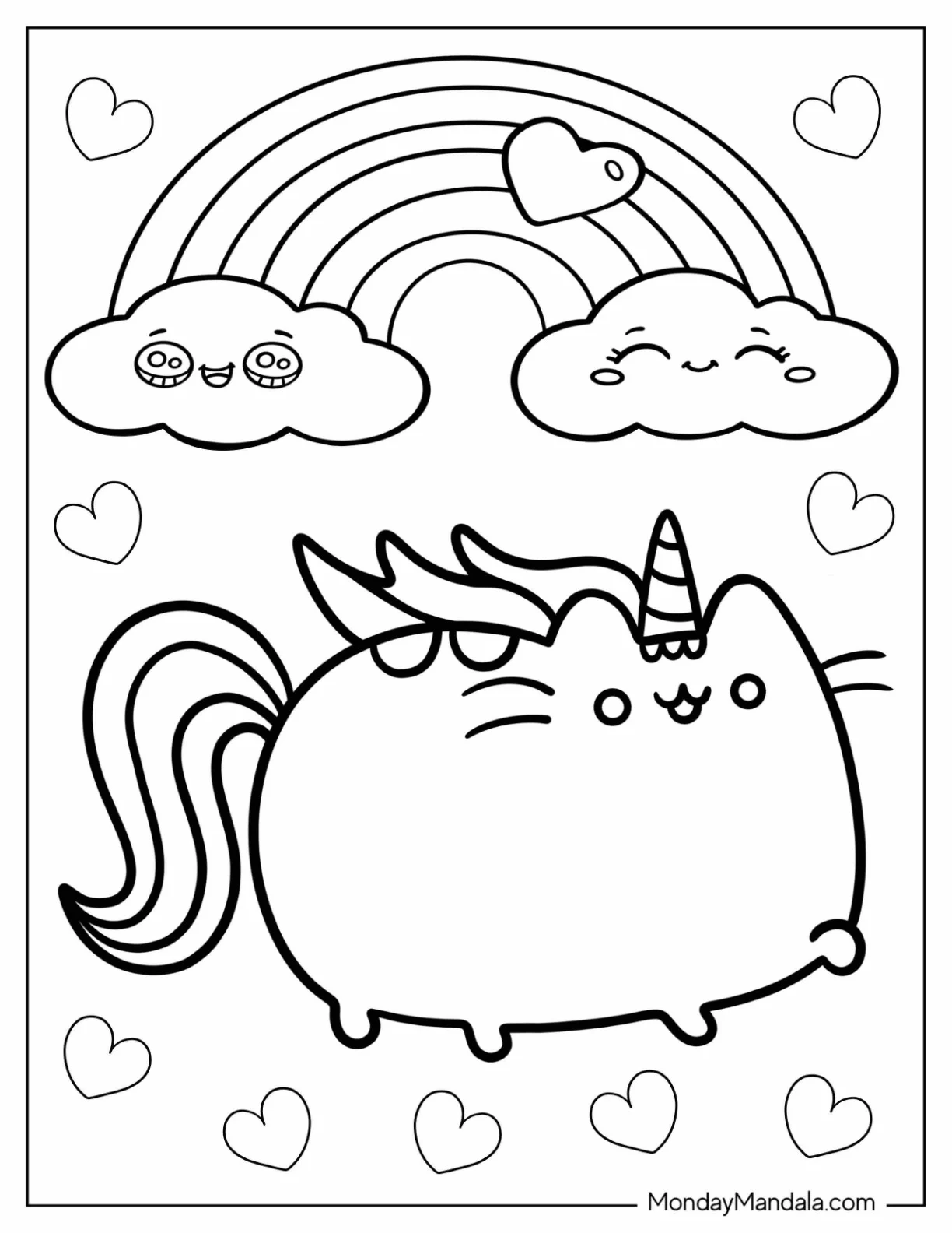 Unicorn Coloring Page Pusheen With Love Hearts And A Rainbow For Preschoolers coloring page