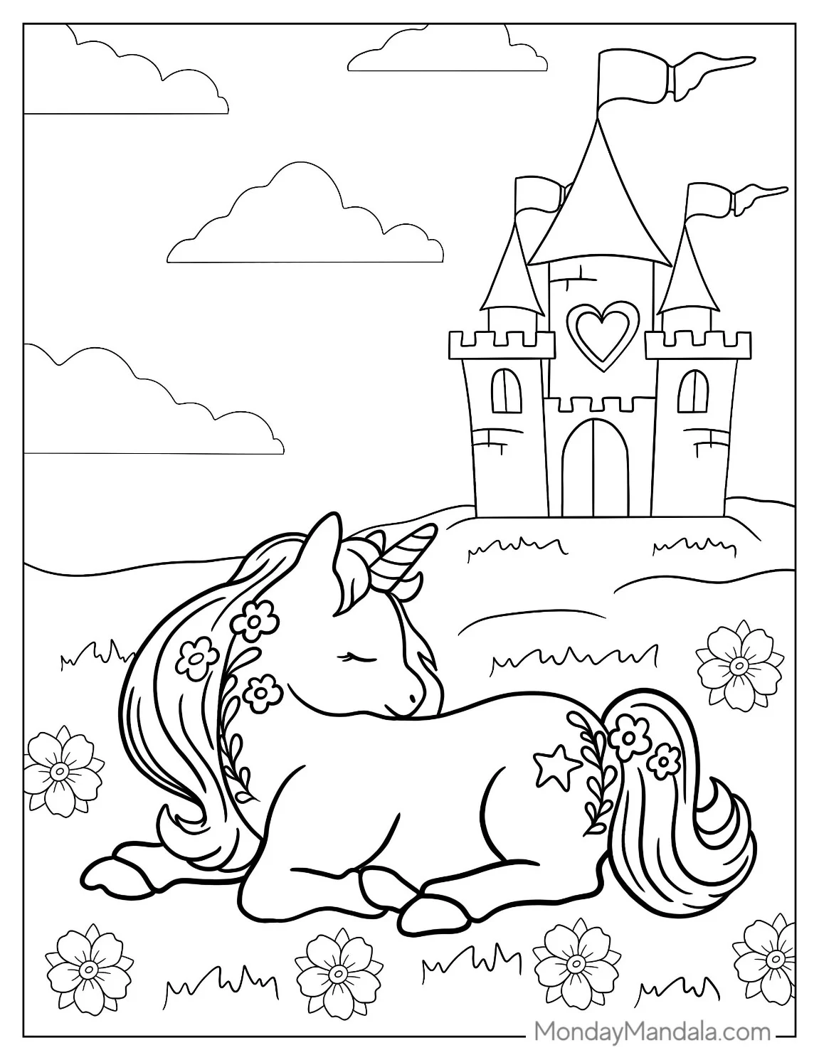 Unicorn Coloring Page Sitting In Field Of Flowers coloring page