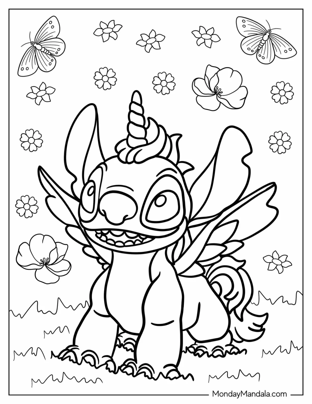 Unicorn Coloring Page Stitch With Wings For Kids coloring page