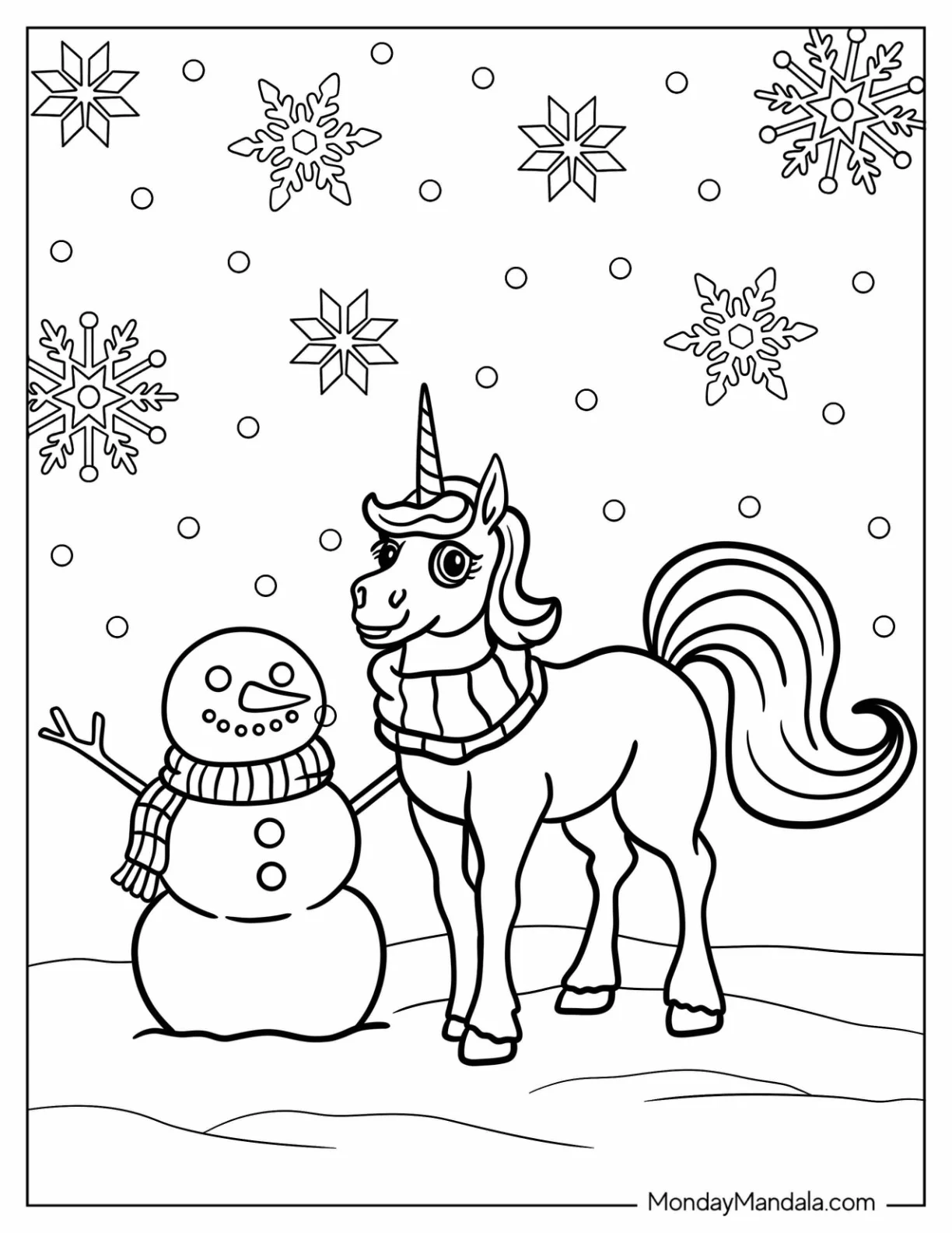 Unicorn Coloring Page Wearing A Scarf Standing Next To A Snowman coloring page — printable line art