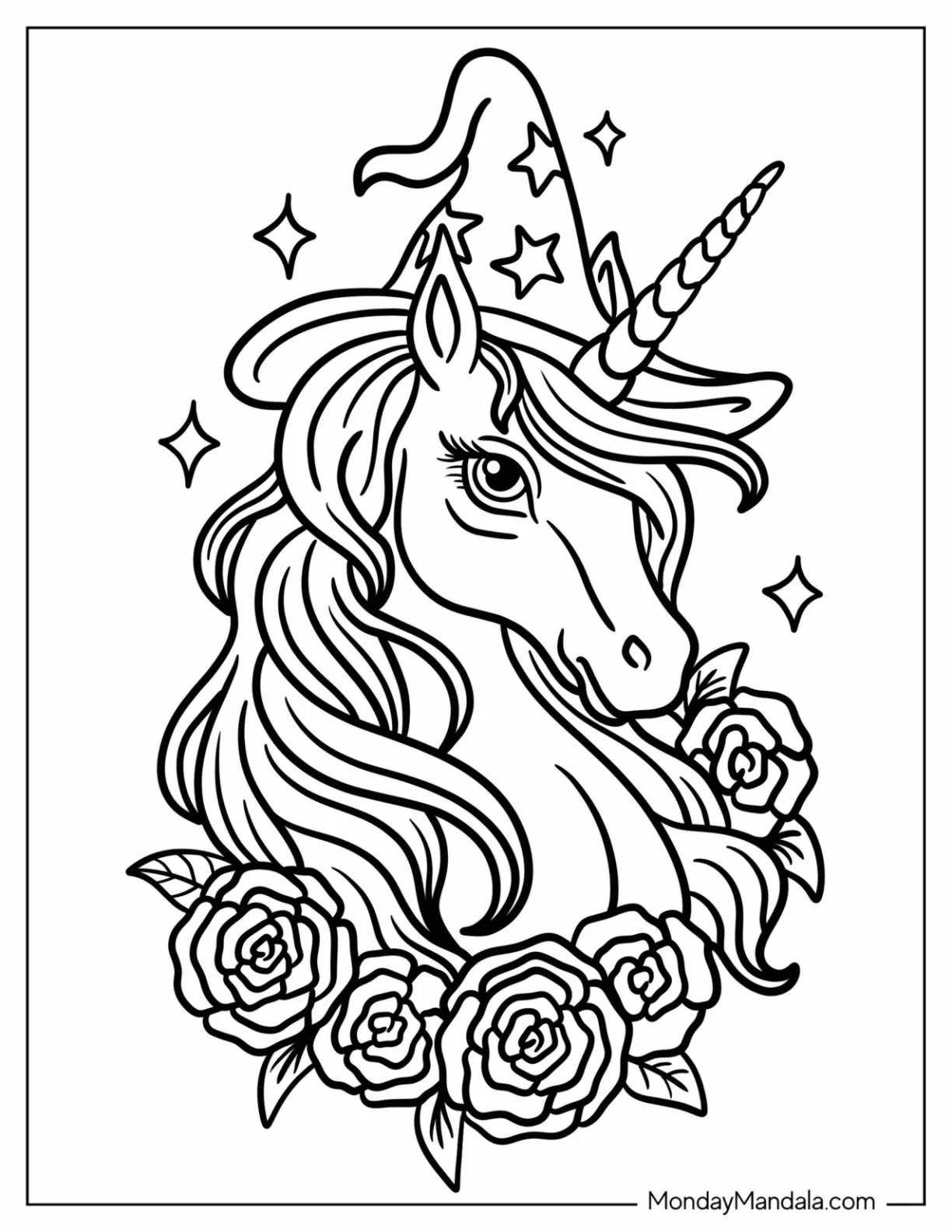 Unicorn Coloring Page Wearing A Starry Witch Hat coloring page — printable line art