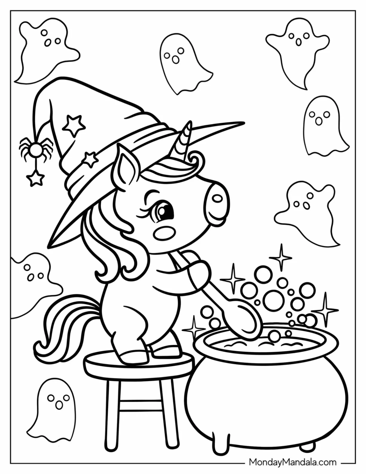 Witch Unicorn Coloring Page Stirring Cauldron For Kids coloring page