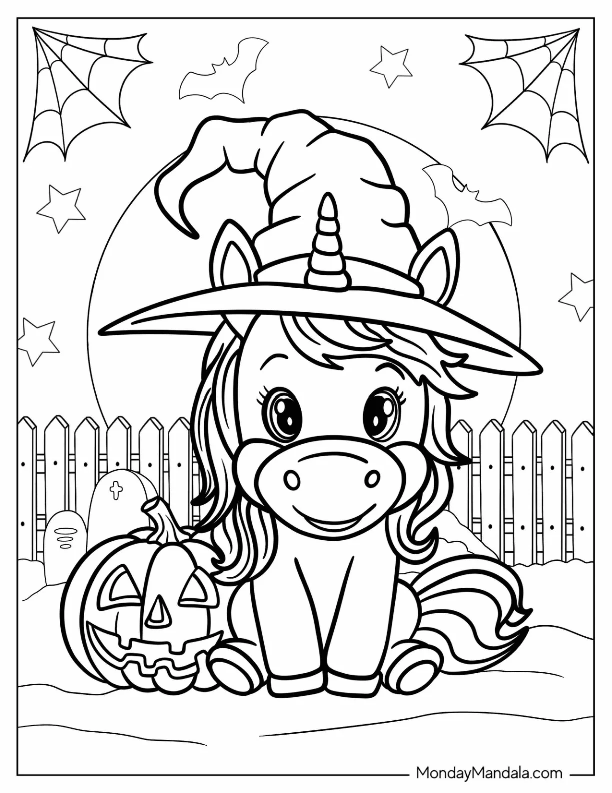 Young Unicorn Coloring Page Wearing A Witch s Hat At The Cemetery On Halloween coloring page