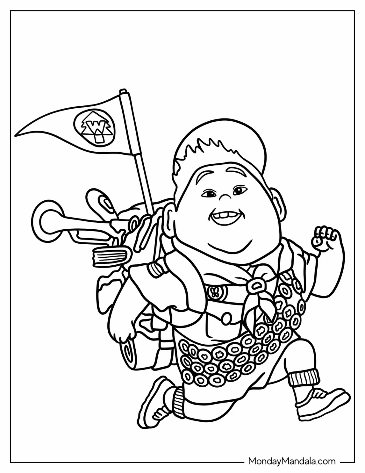 Up Coloring Page Of Boy Scout Russel Running For Kids coloring page — printable line art