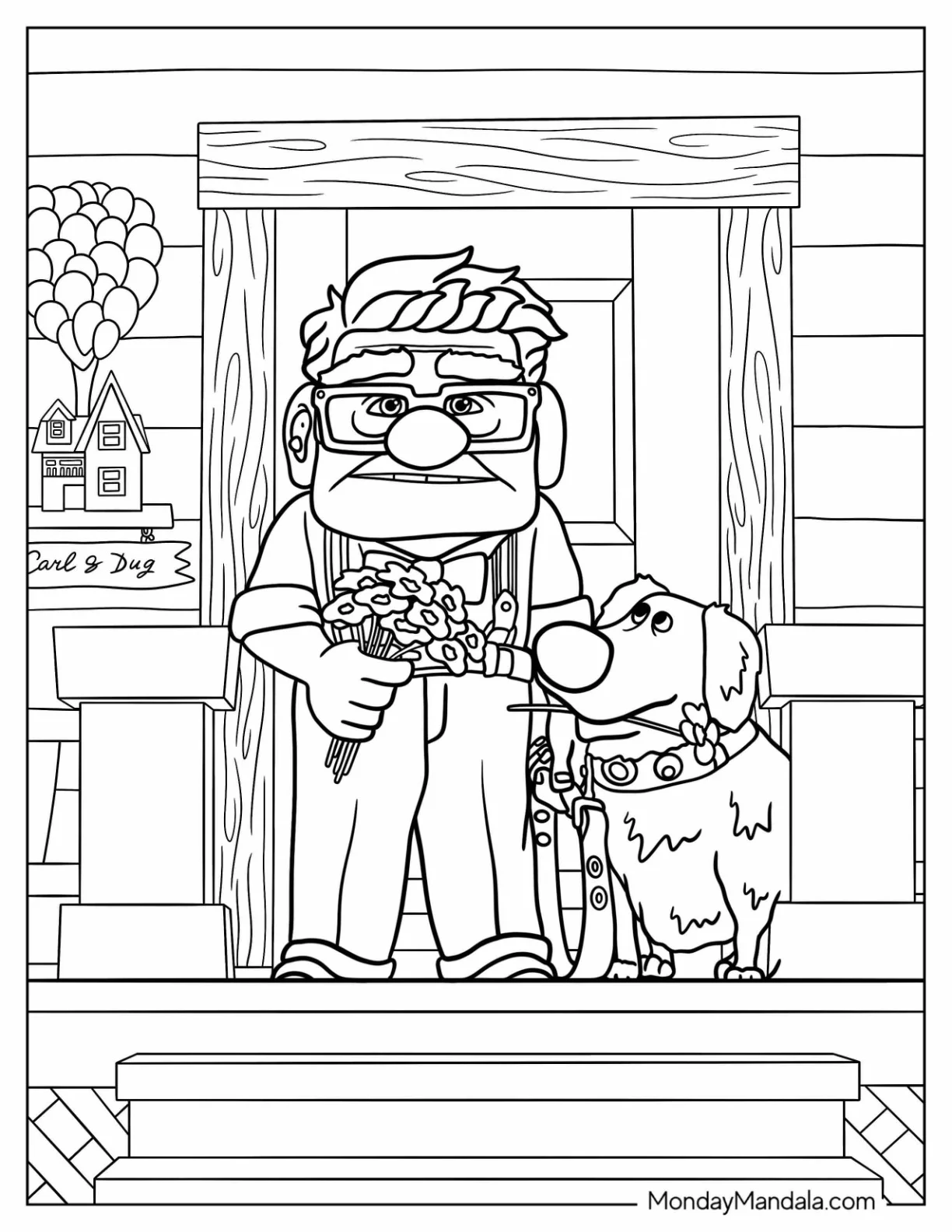 Up Coloring Page Of Carl And Dug Holding Flowers On Front Porch Up coloring page — printable line art