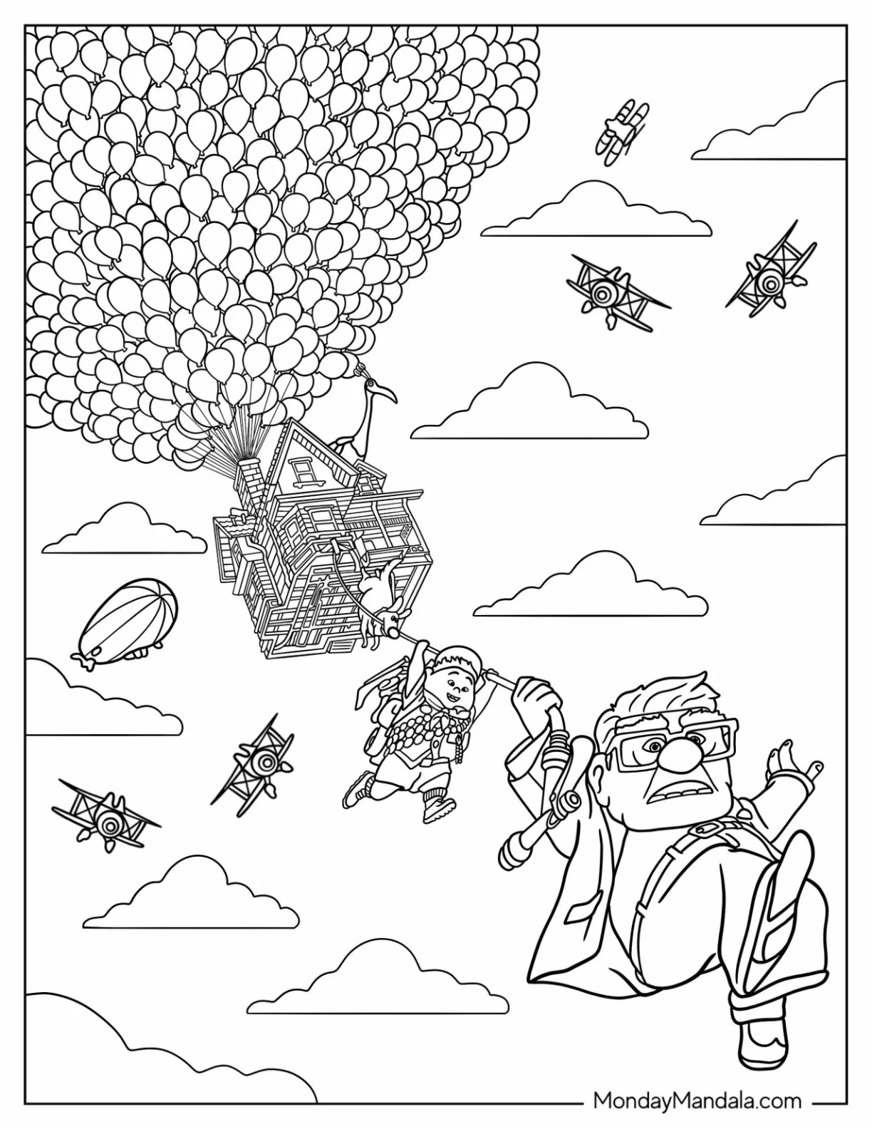 Up Coloring Page Of Carl And Russel Hanging From Flying House With Aircrafts In The Sky coloring page — printable line art