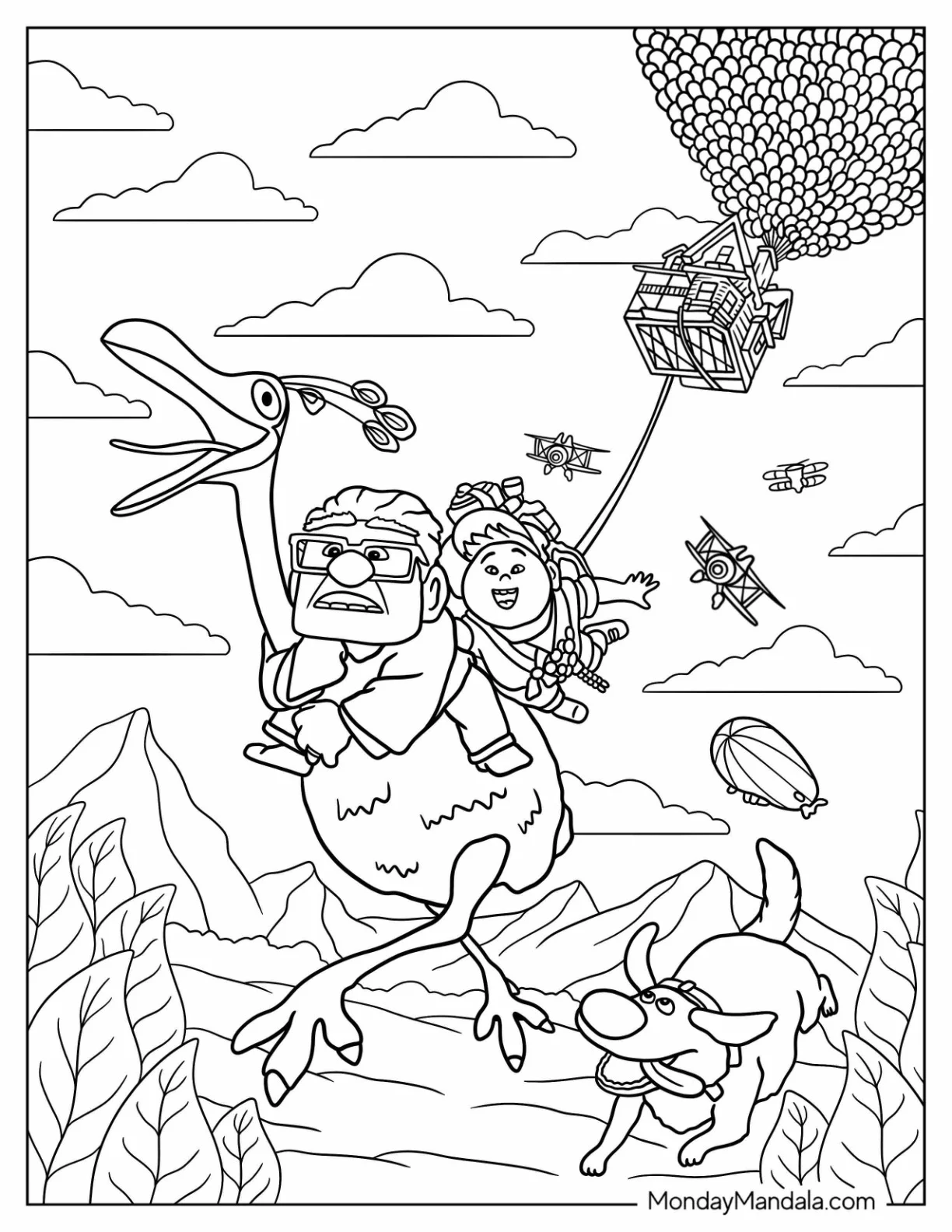 Up Coloring Page Of Carl And Russel Riding Kevin While Being Chased By Aircrafts coloring page
