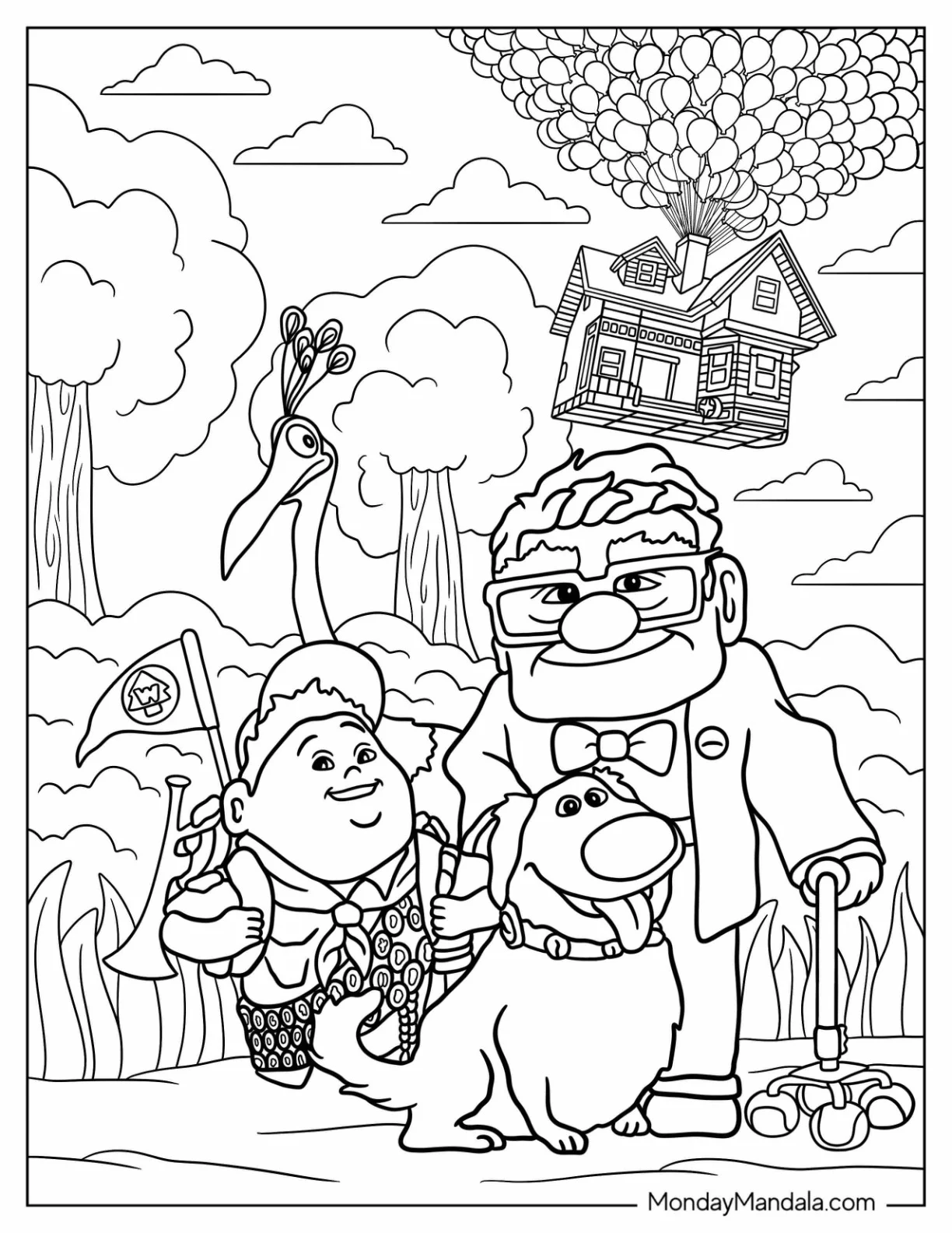 Up Coloring Page Of Carl, Russel, Dug, And Kevin With House In The Sky Up Poster coloring page