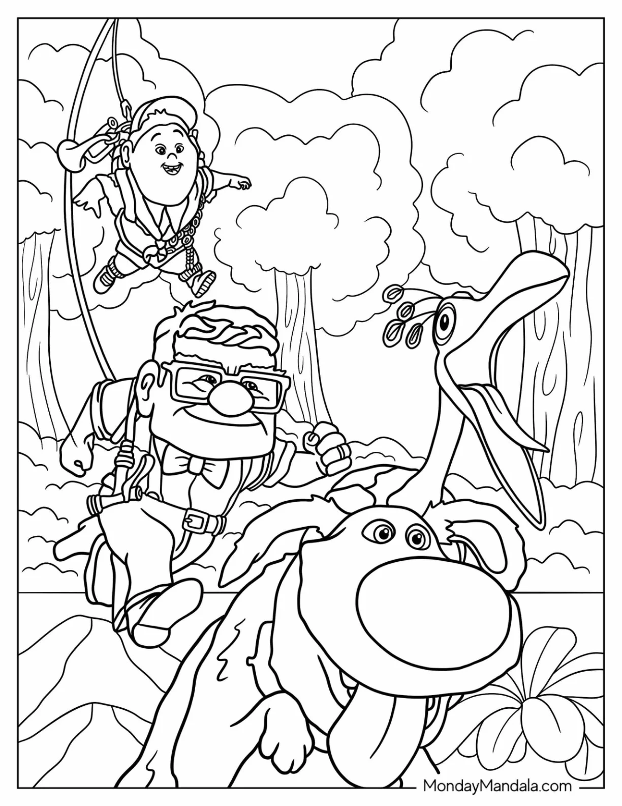 Up Coloring Page Of Carl, Russel, Kevin, And Dug Running In Paradise Falls coloring page