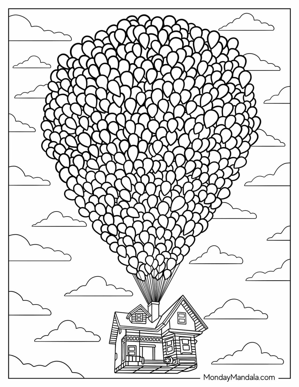 Up Coloring Page Of Detailed Flying House With Millions Of Party Balloons coloring page — printable line art