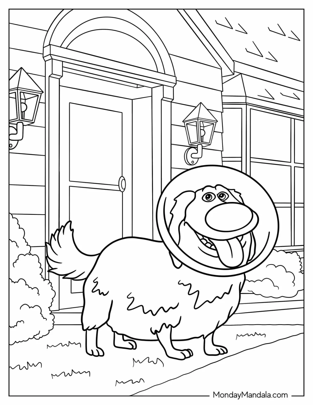 Up Coloring Page Of Dug Wearing A Cone Outside House coloring page — printable line art