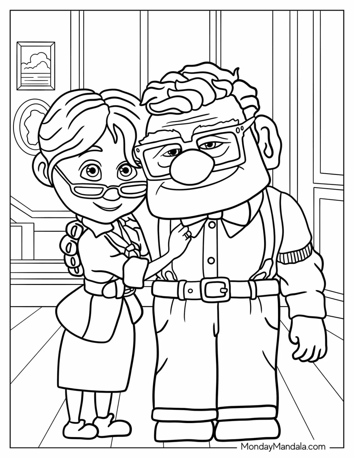 Up Coloring Page Of Old Carl And Ellie Standing Side By Side coloring page — printable line art