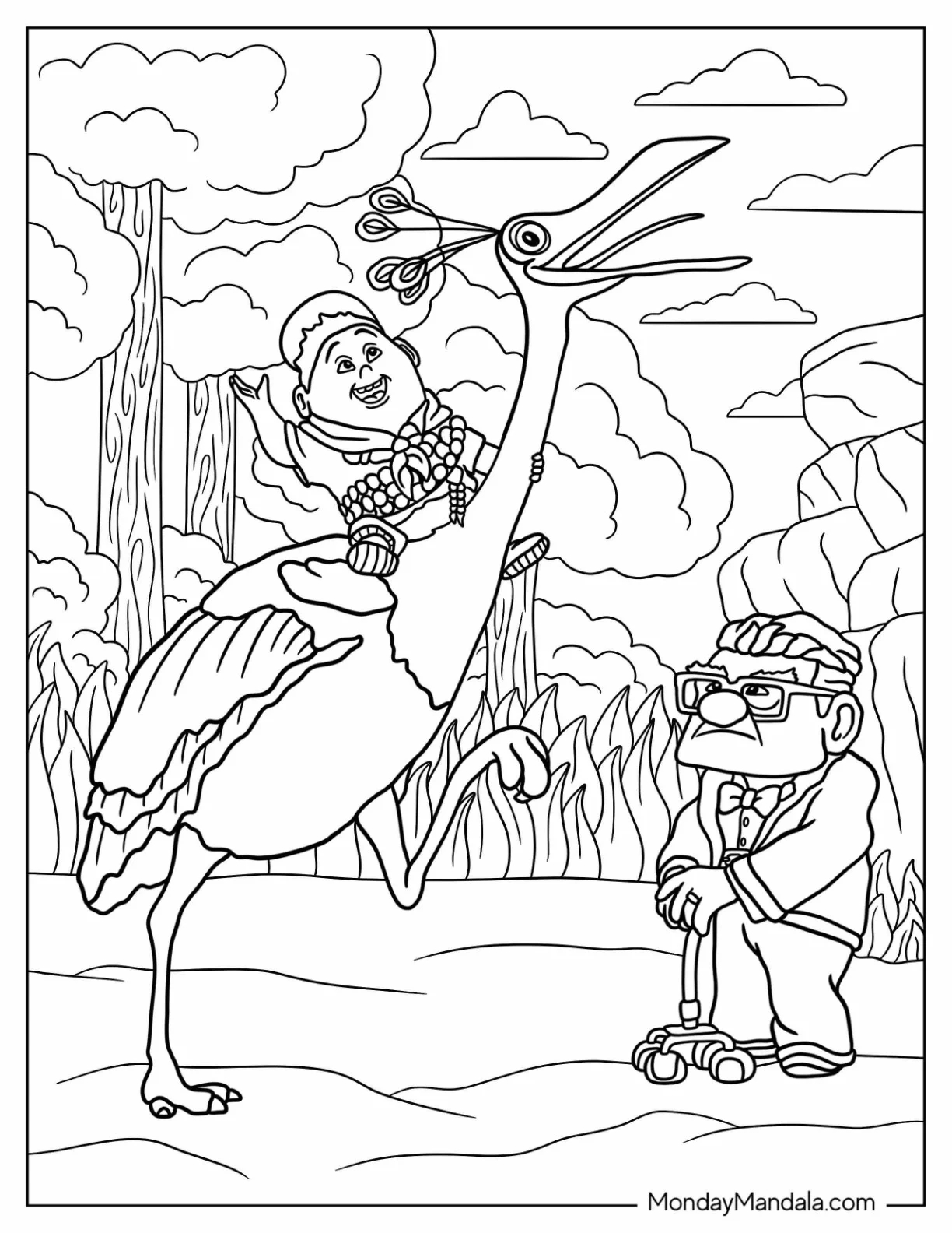 Up Coloring Page Of Russel Riding Kevin The Bird While Carl Watches coloring page