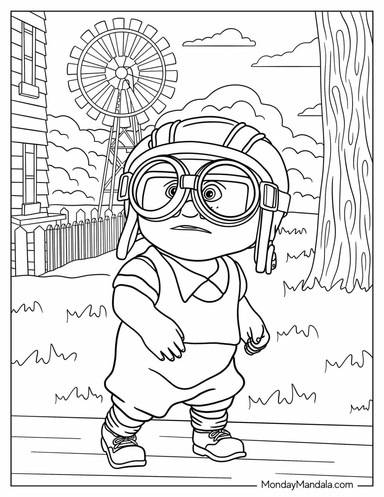 Up Coloring Page Of Young Carl From Up Wearing Aviator Helmet And Goggles coloring page — printable line art