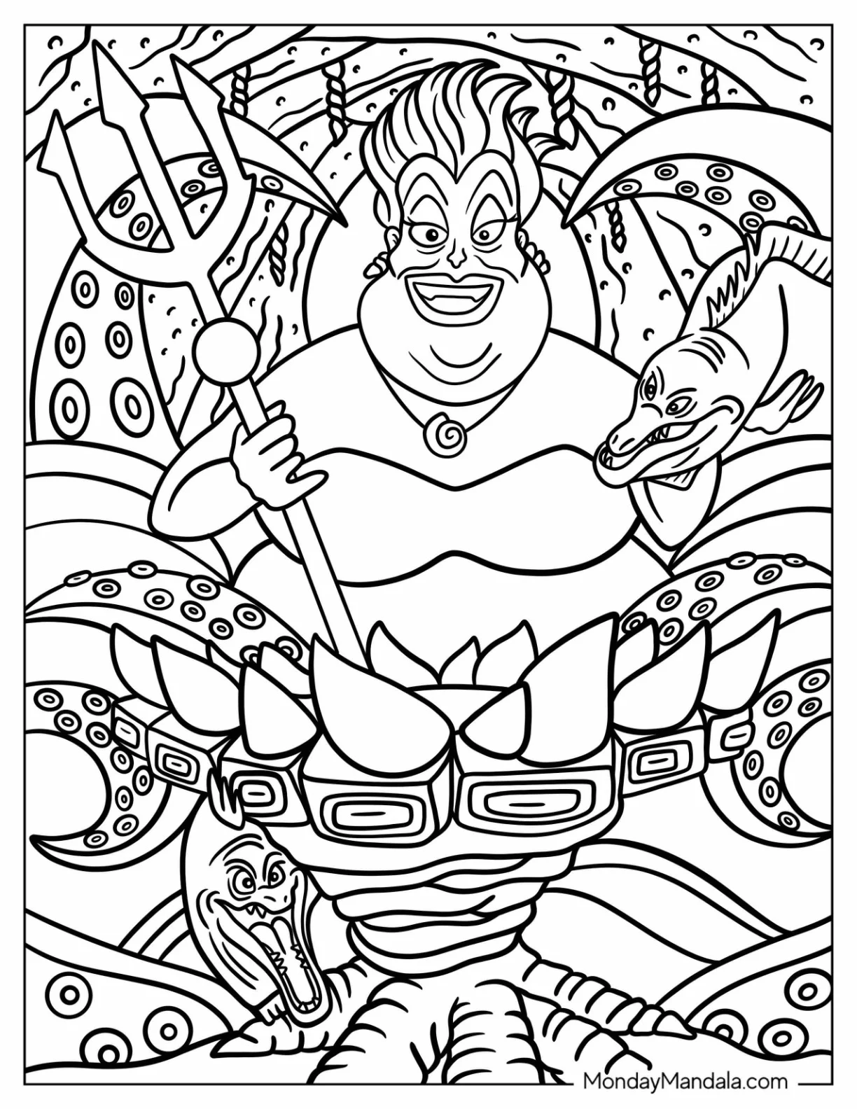 Detailed Ursula Coloring Page With Flotsam And Jetsam In Her Throne coloring page