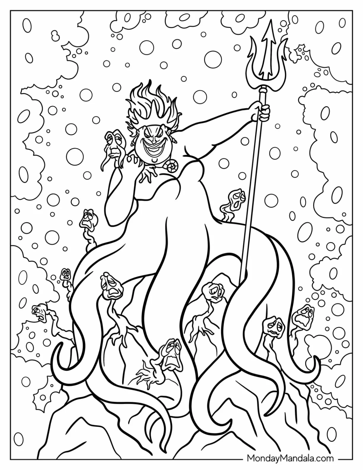 Evil Ursula Coloring Page With Trident Surrounded By Moray Eels coloring page