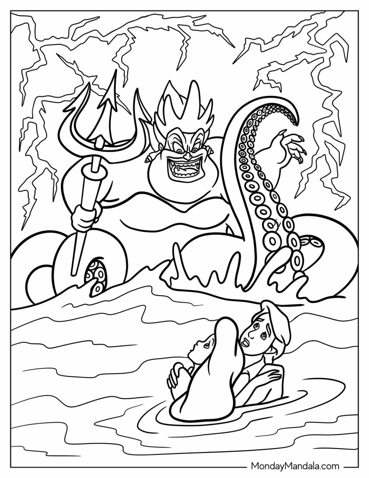 Ursula Coloring Page With Trident Scaring Ariel And Prince Eric coloring page