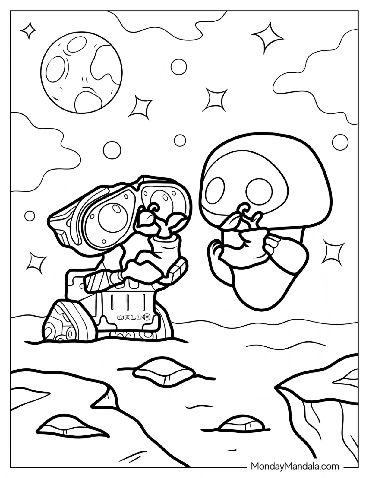 Cute Wall-E Coloring Page And Eve Holding Plants coloring page