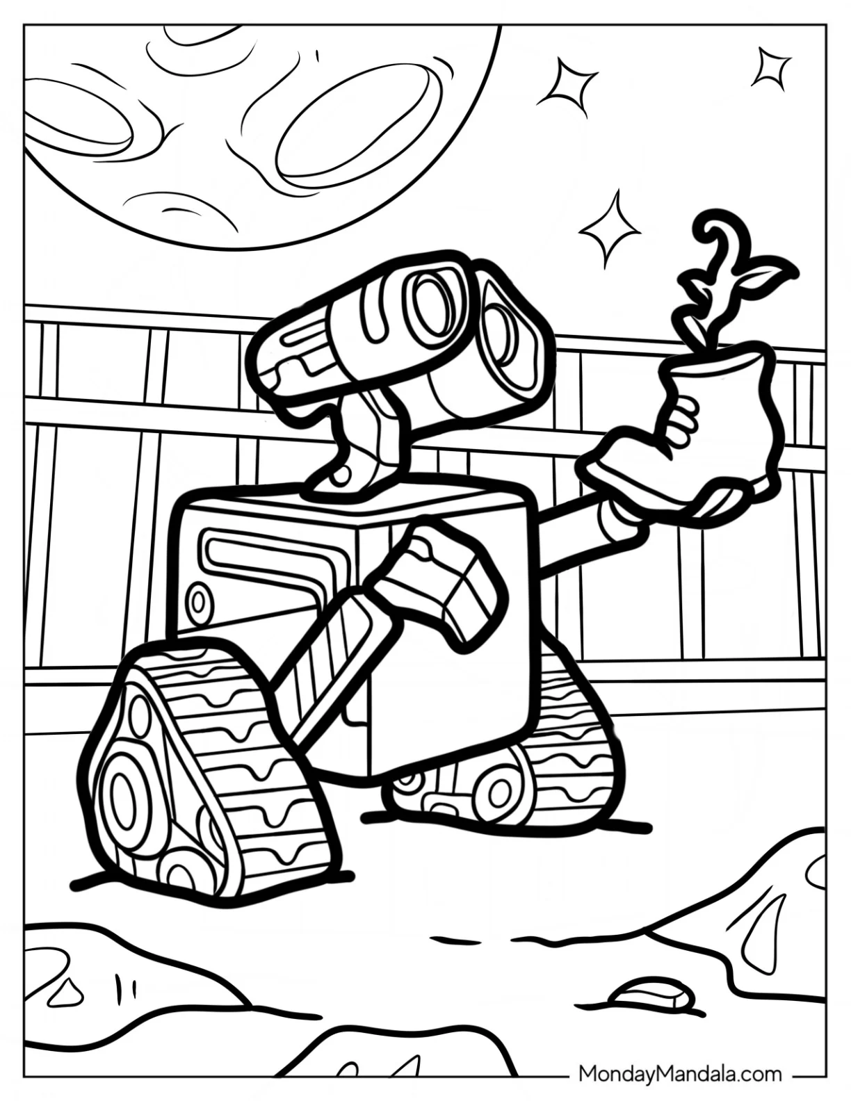 Cute Wall-E Coloring Page Holding Up Plant In A Boot coloring page