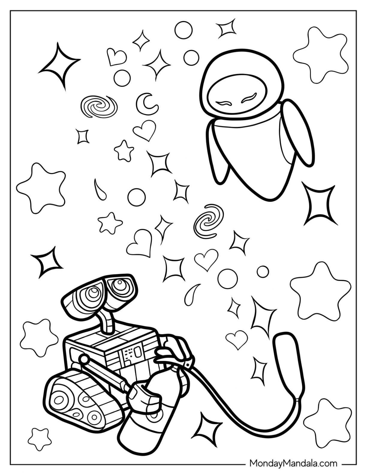 Eve Flying Above Wall-E Coloring Page For Kids coloring page — printable line art