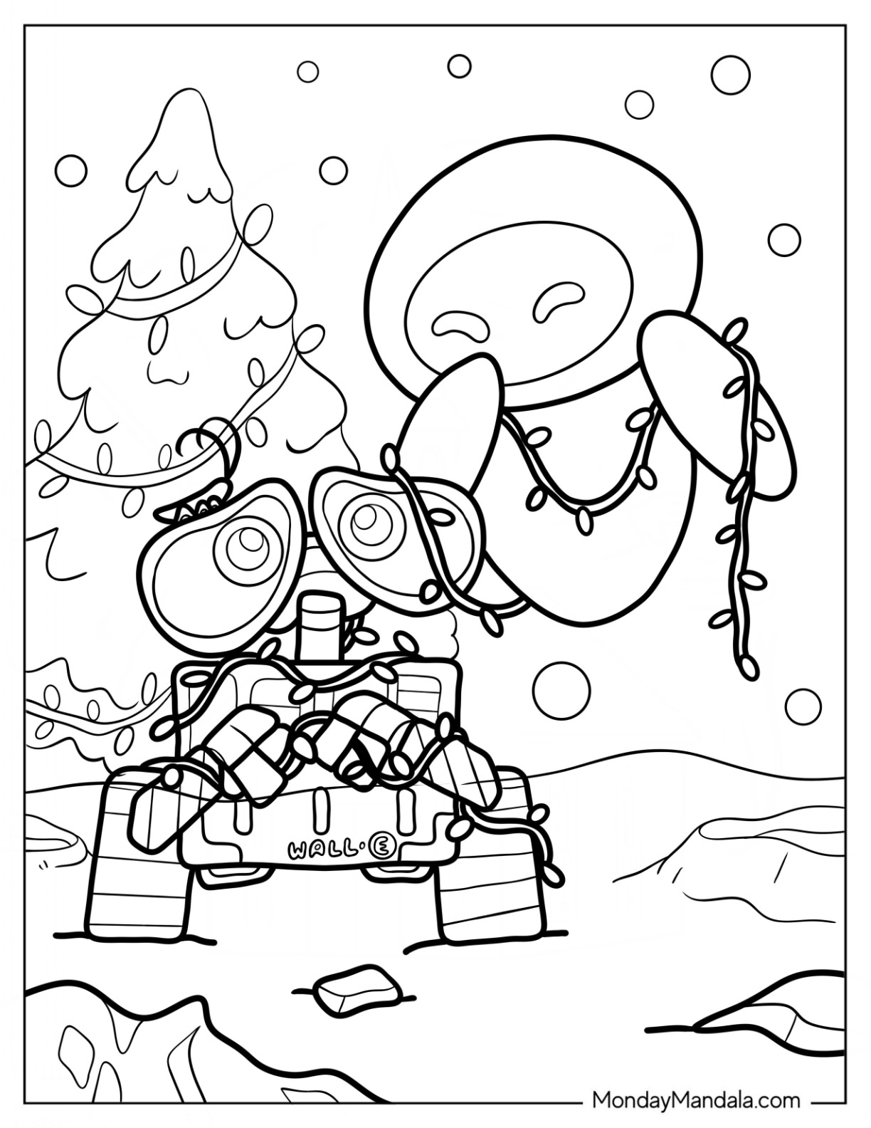 Eve Wrapping Wall-E Coloring Page With Christmas Lights coloring page