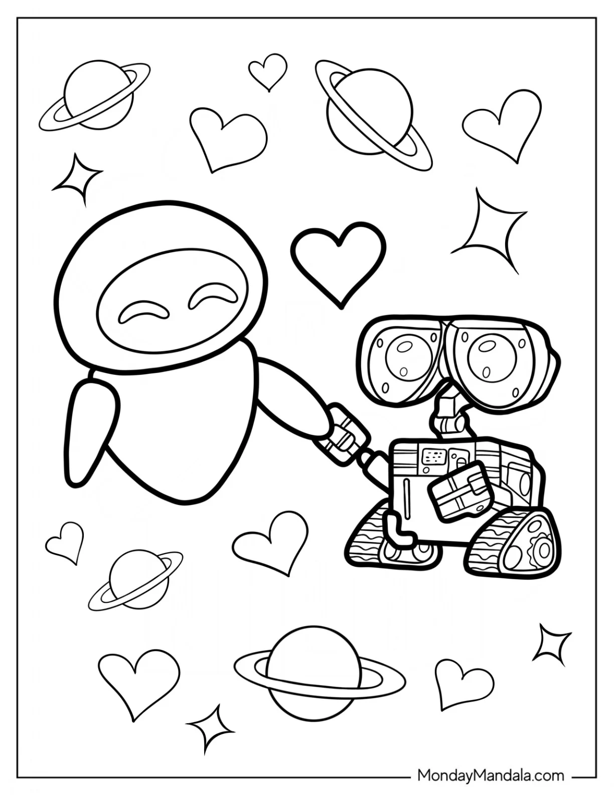 Kawaii Eve With Wall-E Coloring Page coloring page — printable line art