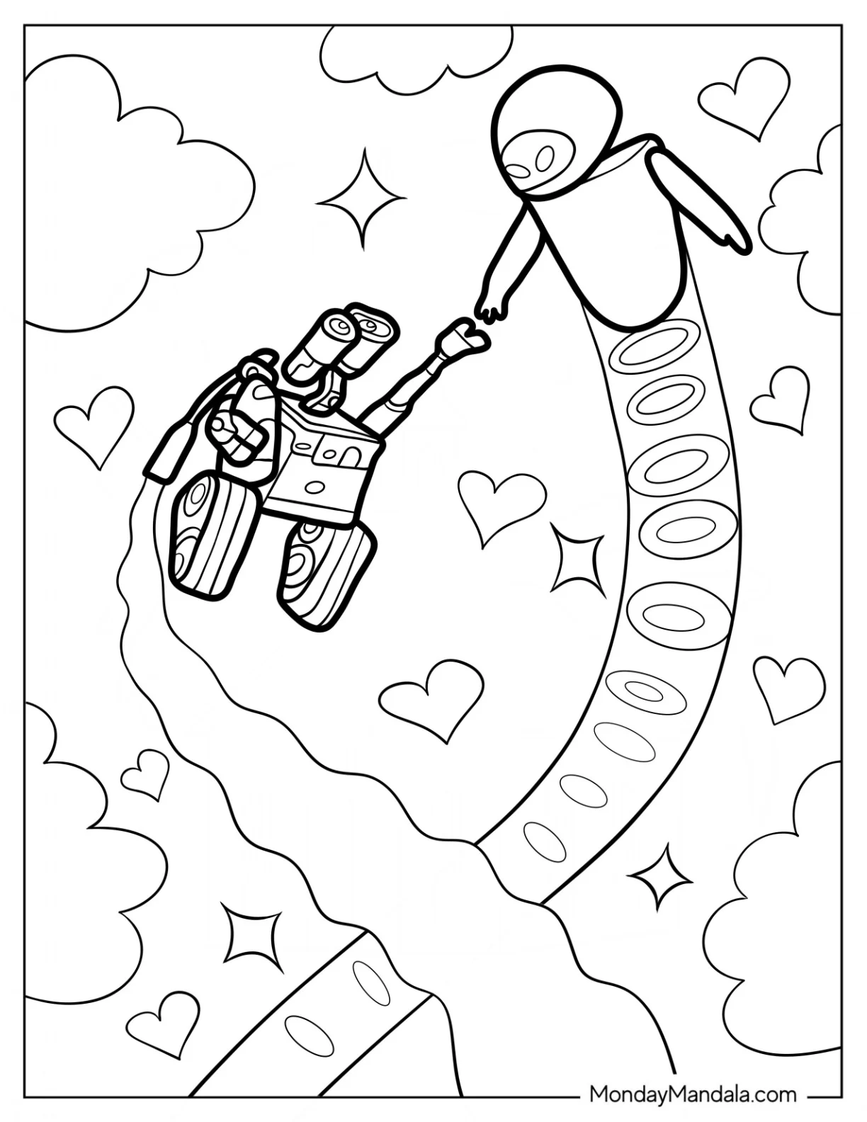 Wall-E Coloring Page And Eve Flying Through Space coloring page — printable line art