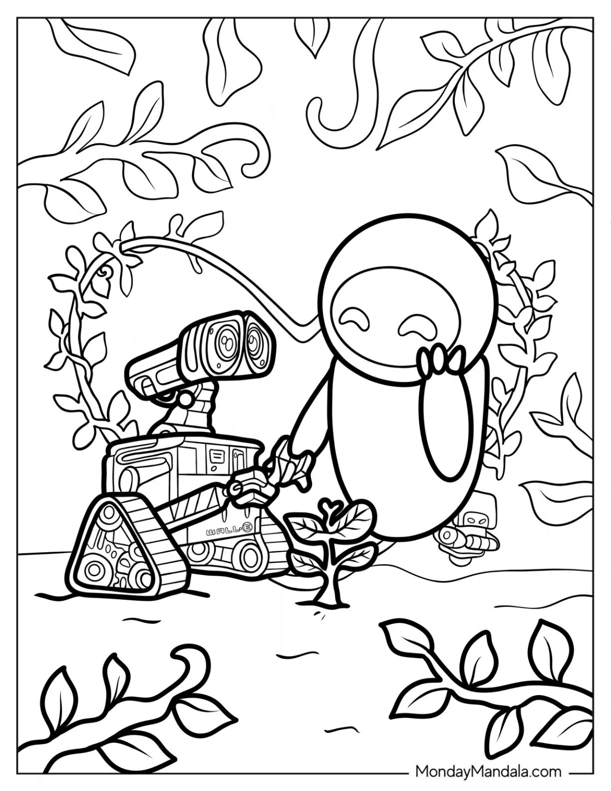 Wall-E Coloring Page And Eve Holding Hands In Front Of A Plant coloring page