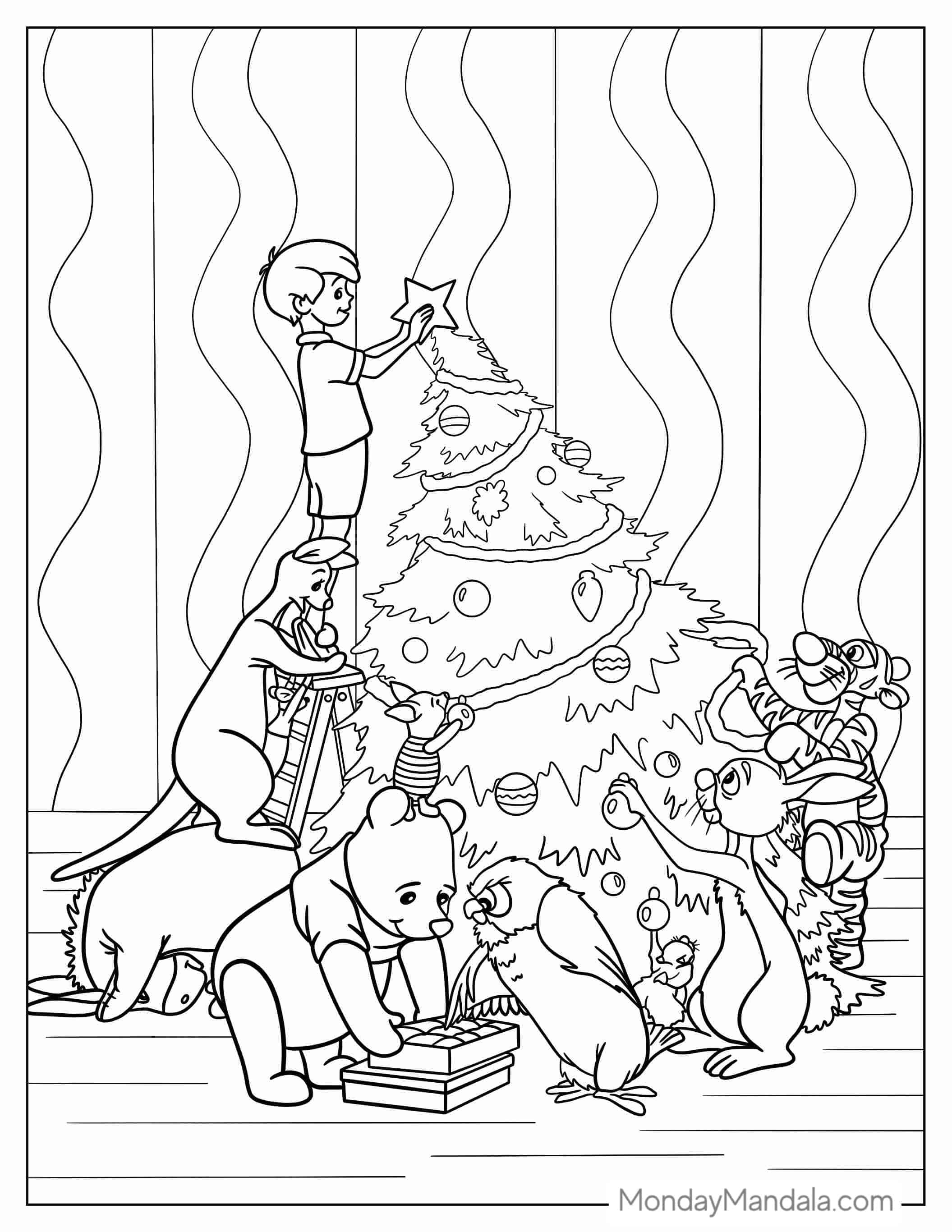 Pooh And Friends Decorate Christmas Tree Coloring Page coloring page — printable line art