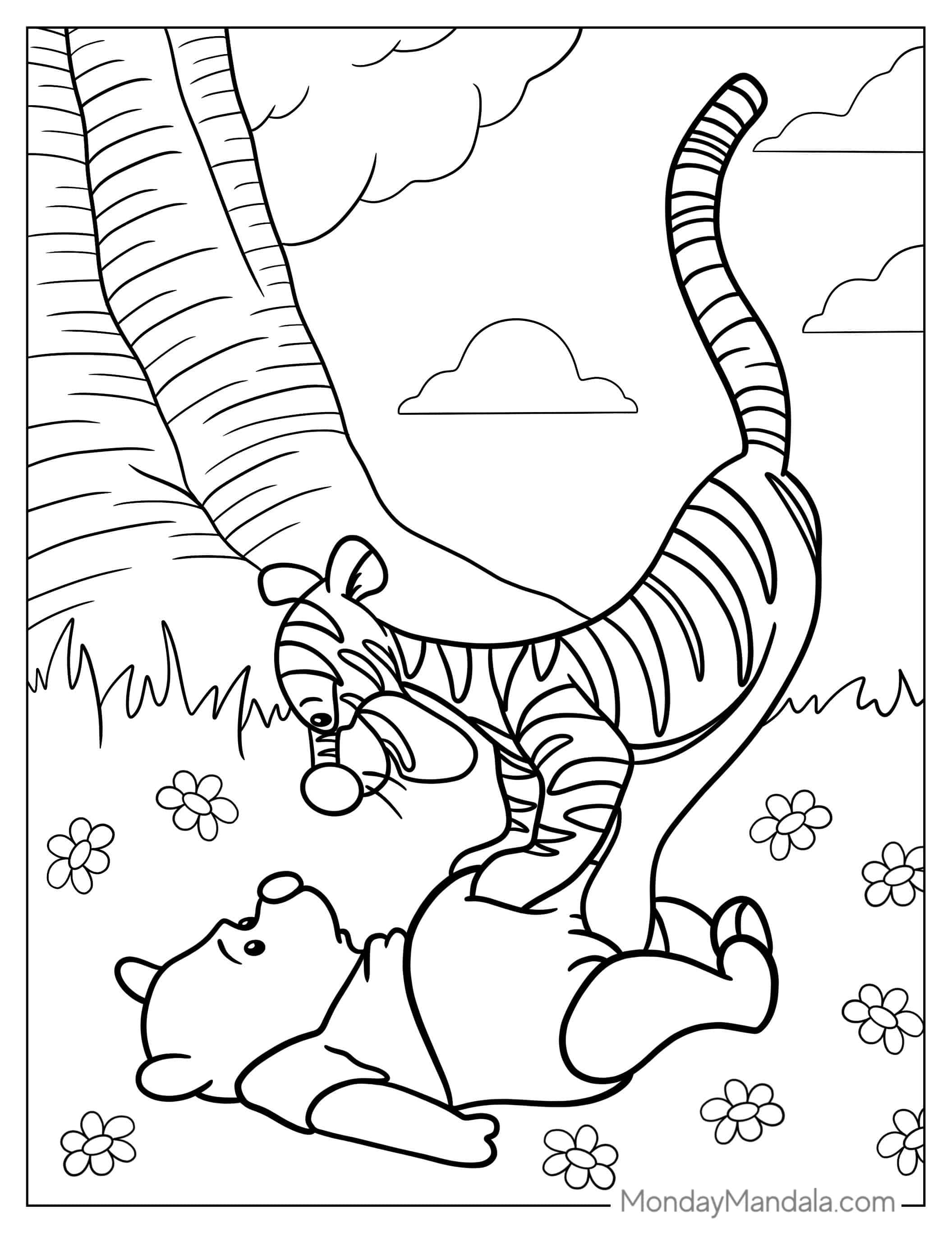 Pooh And Tigger Playing Under Tree coloring page — printable line art