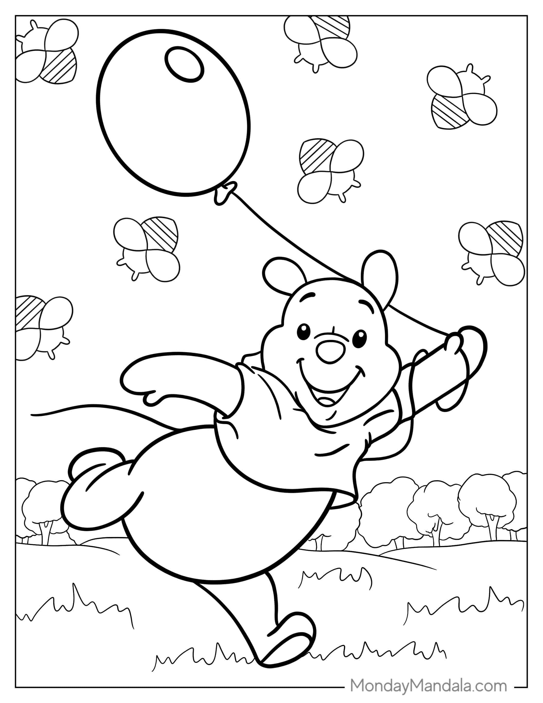Pooh Playing In Field With Balloon To Color coloring page