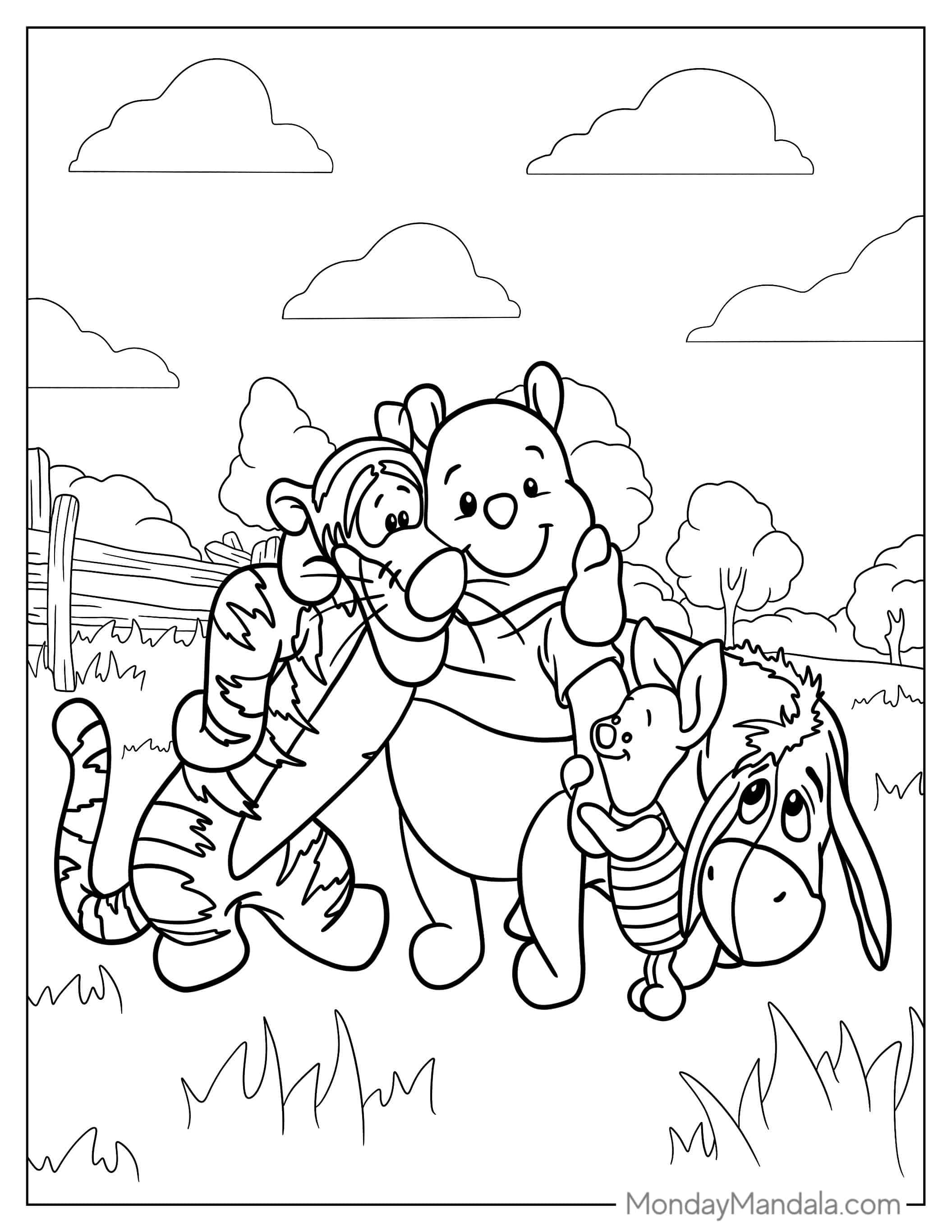 Pooh With His Best Friends Coloring Sheet coloring page — printable line art