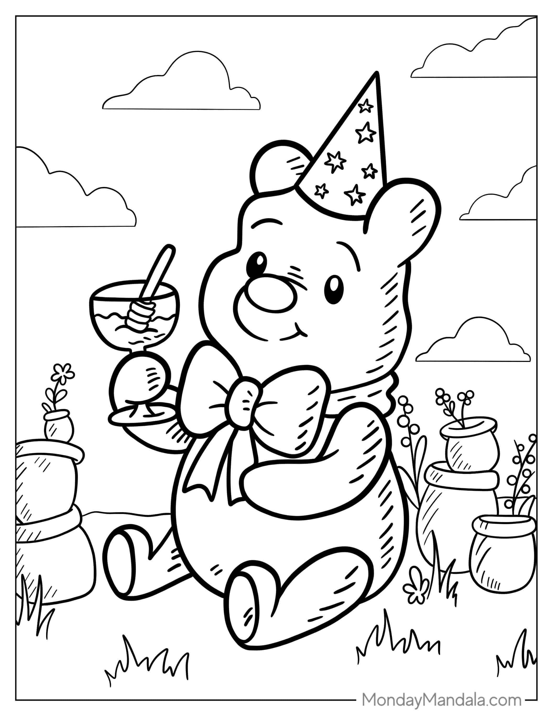 Simple Outline Of Pooh Eating Honey coloring page — printable line art